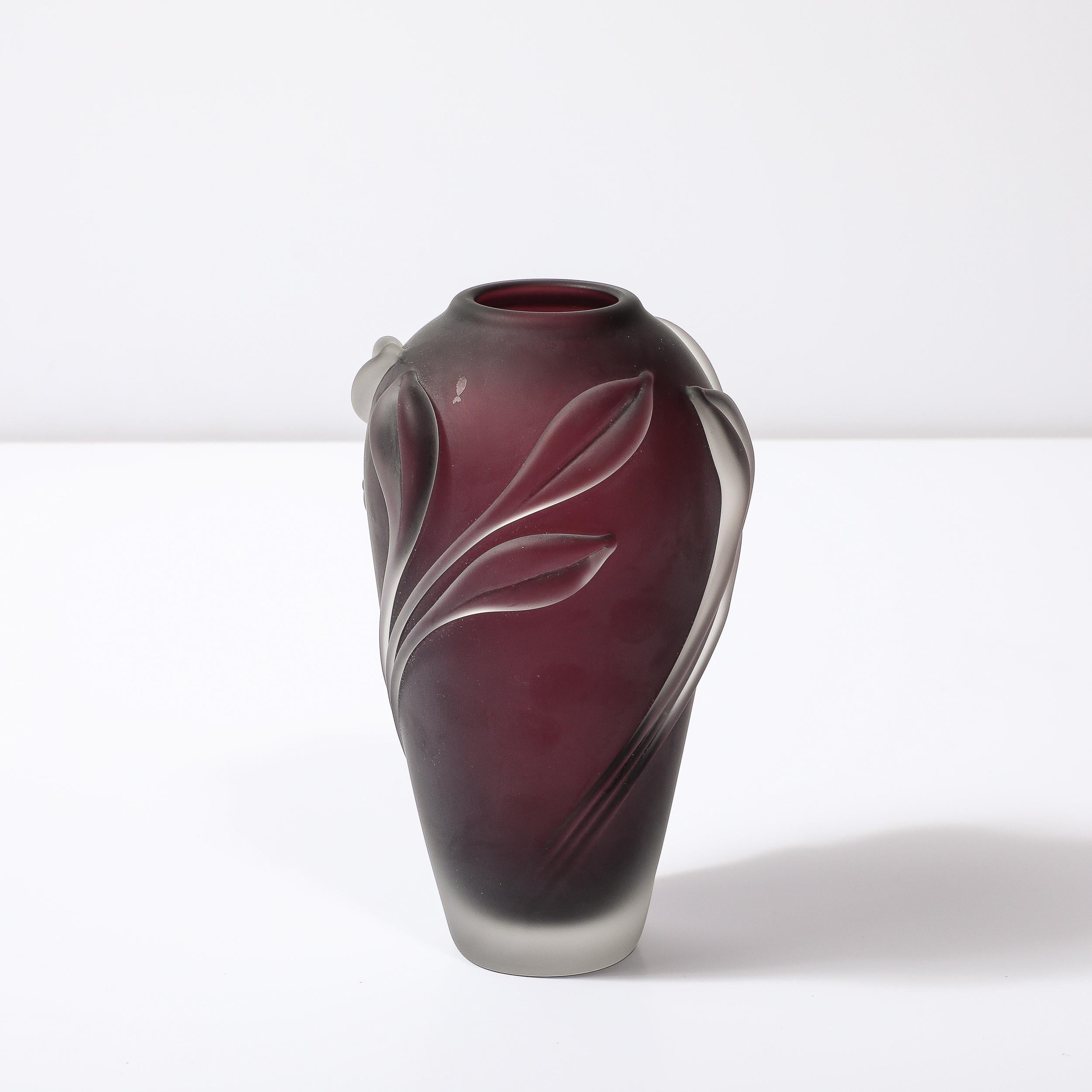 Late 20th Century Modernist Frosted Smoked Amethyst Floral Detail Glass Vase by William Glasner For Sale