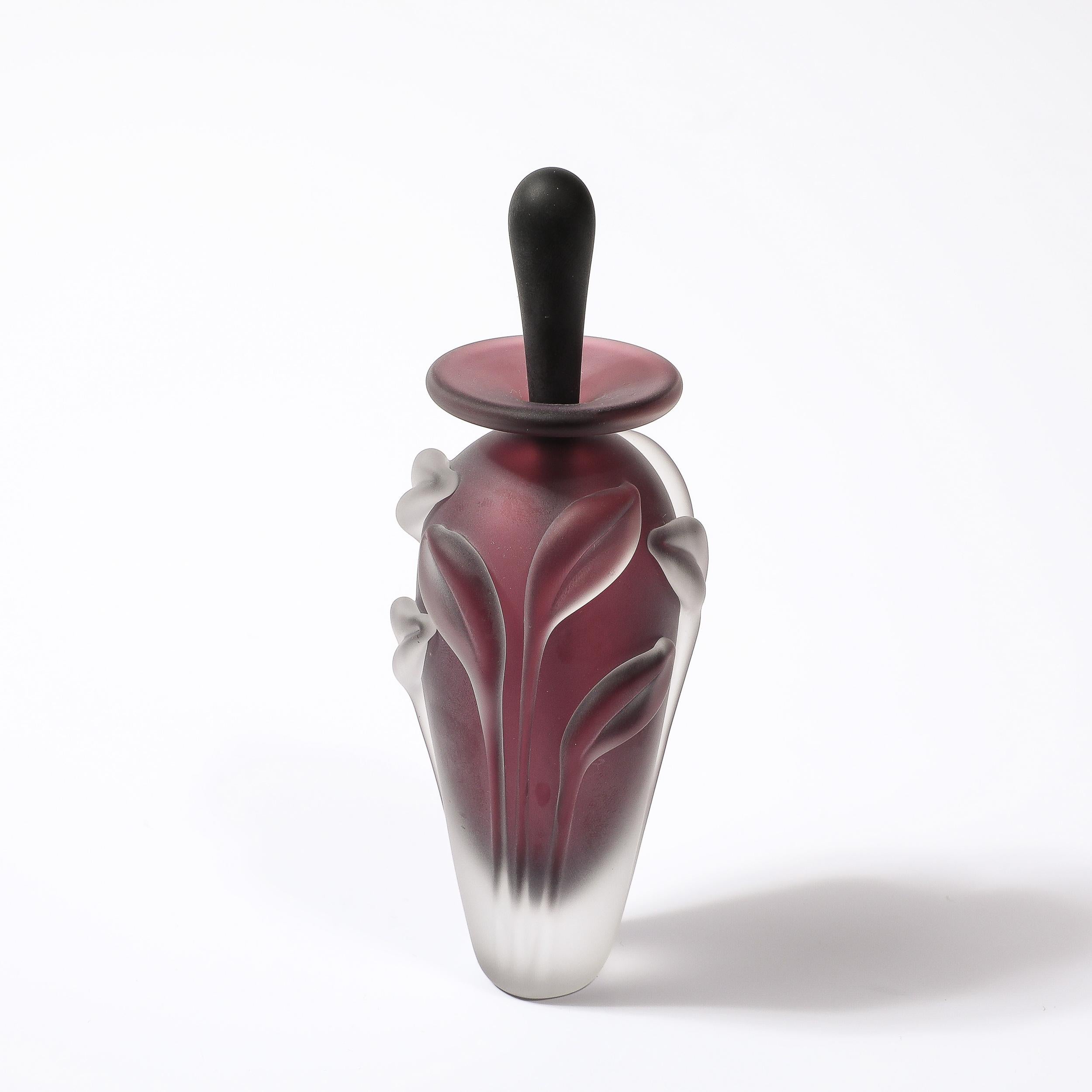 American Modernist Frosted Smoked Amethyst Floral Glass Perfume Bottle by William Glasner For Sale