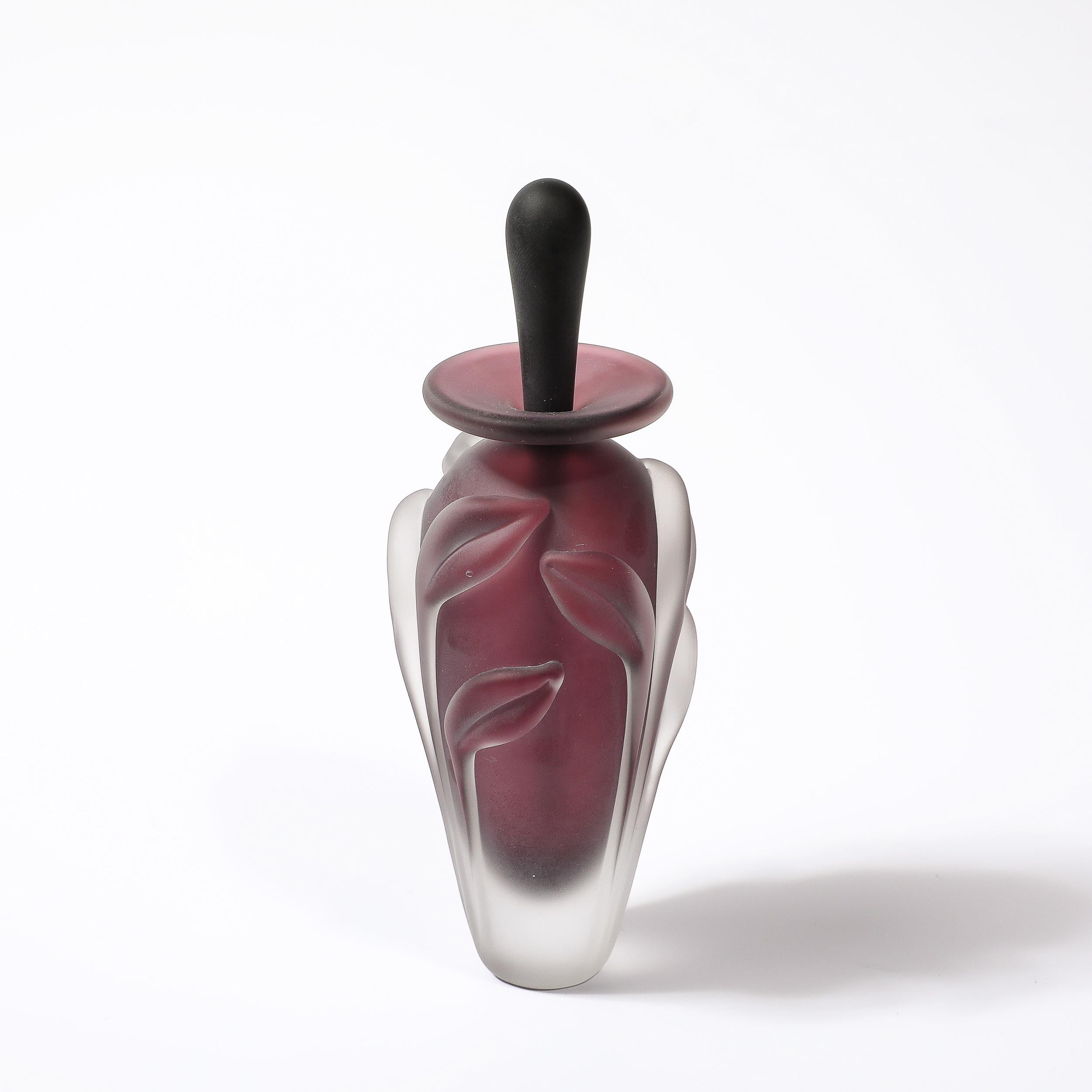 Modernist Frosted Smoked Amethyst Floral Glass Perfume Bottle by William Glasner In Excellent Condition For Sale In New York, NY