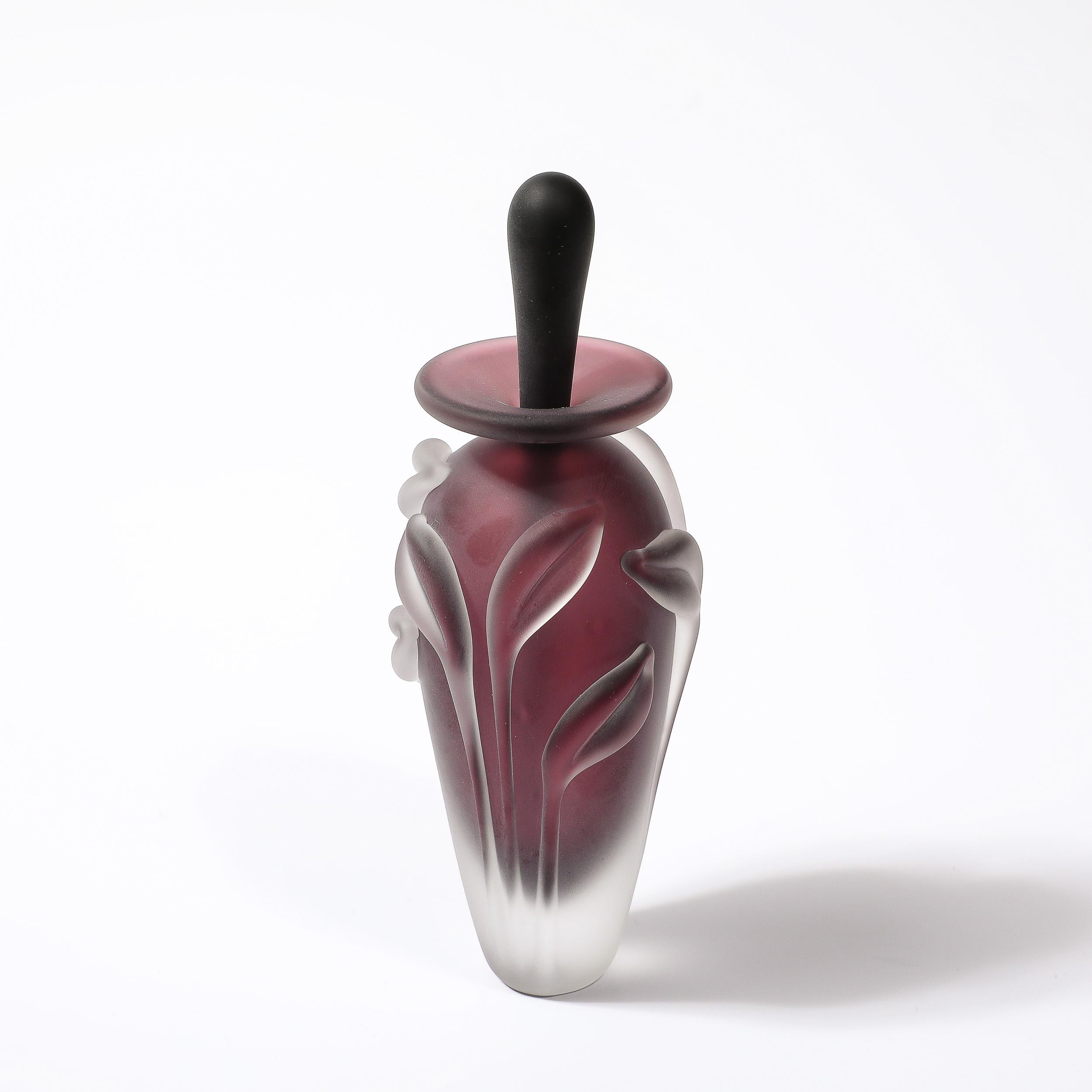 Late 20th Century Modernist Frosted Smoked Amethyst Floral Glass Perfume Bottle by William Glasner For Sale