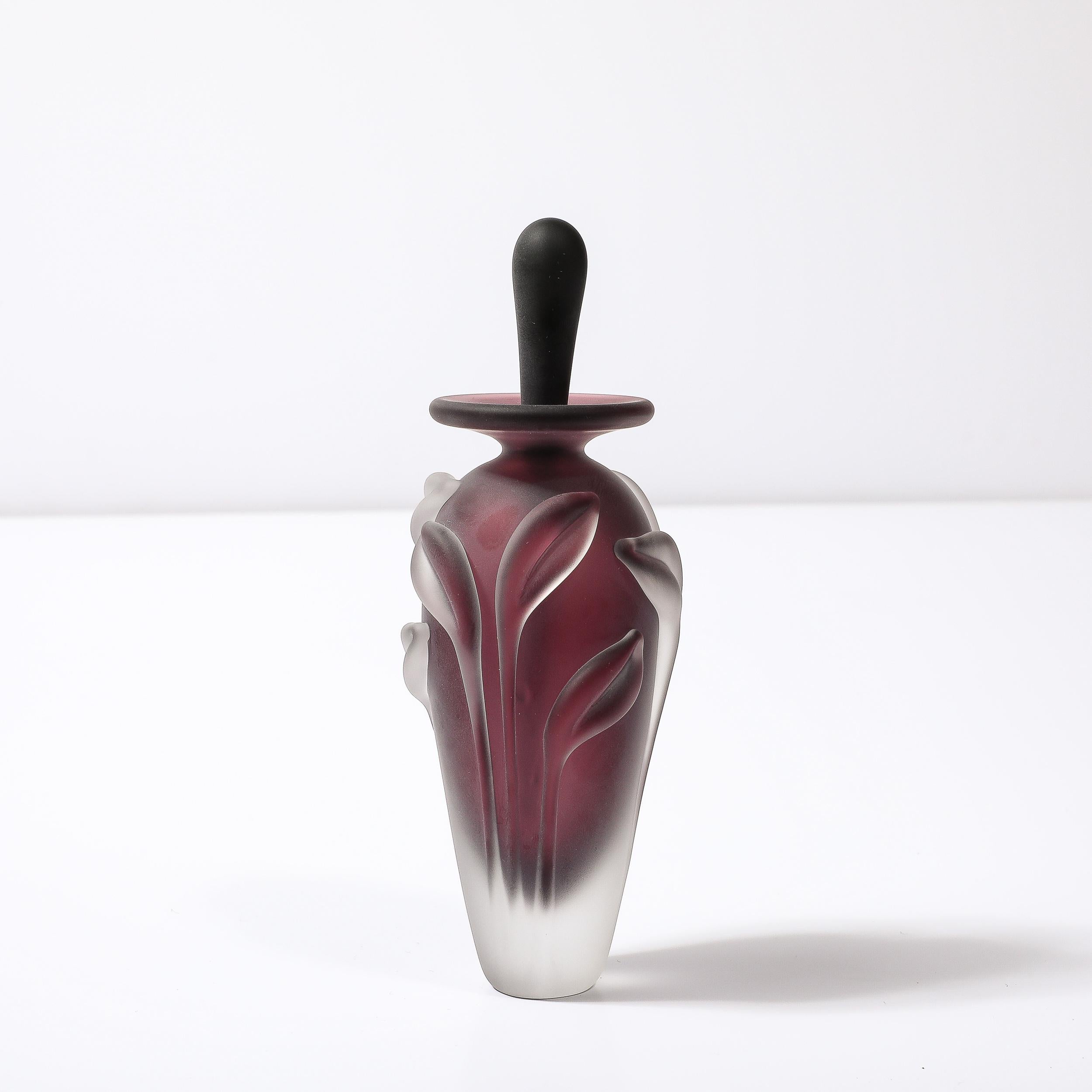 Modernist Frosted Smoked Amethyst Floral Glass Perfume Bottle by William Glasner For Sale 1