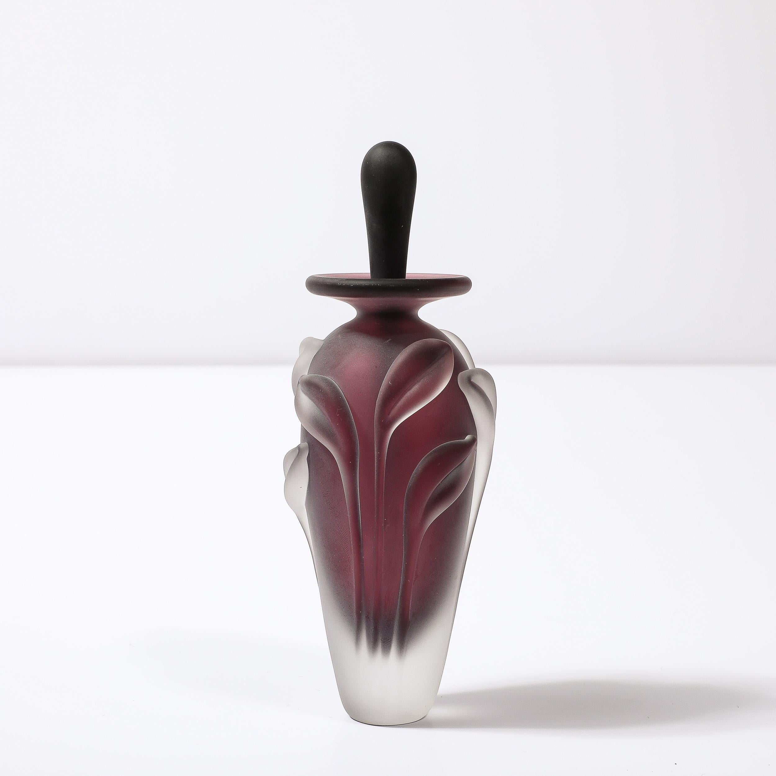 Modernist Frosted Smoked Amethyst Floral Glass Perfume Bottle by William Glasner For Sale 2