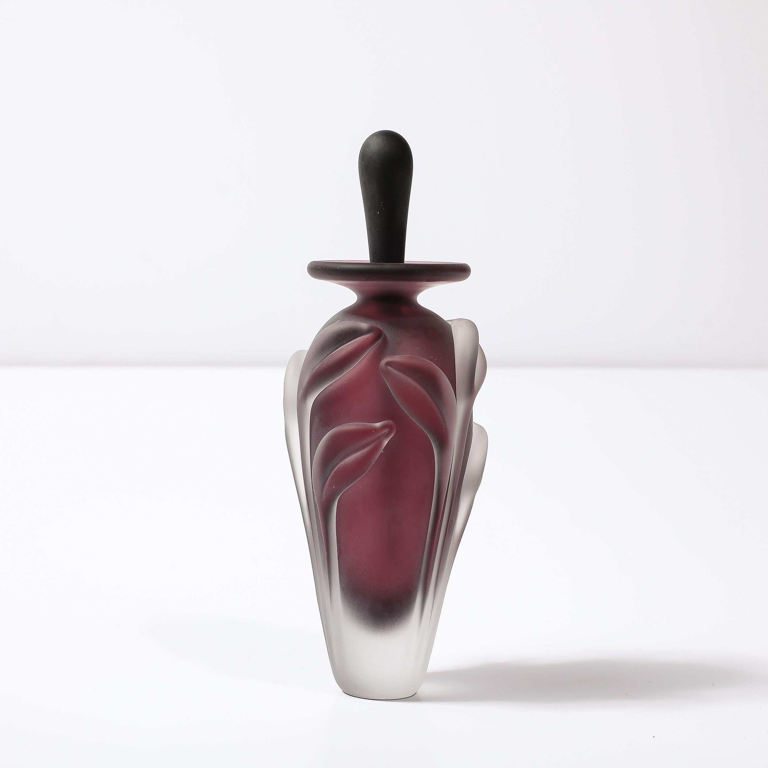 Modernist Frosted Smoked Amethyst Floral Glass Perfume Bottle by William Glasner For Sale 3