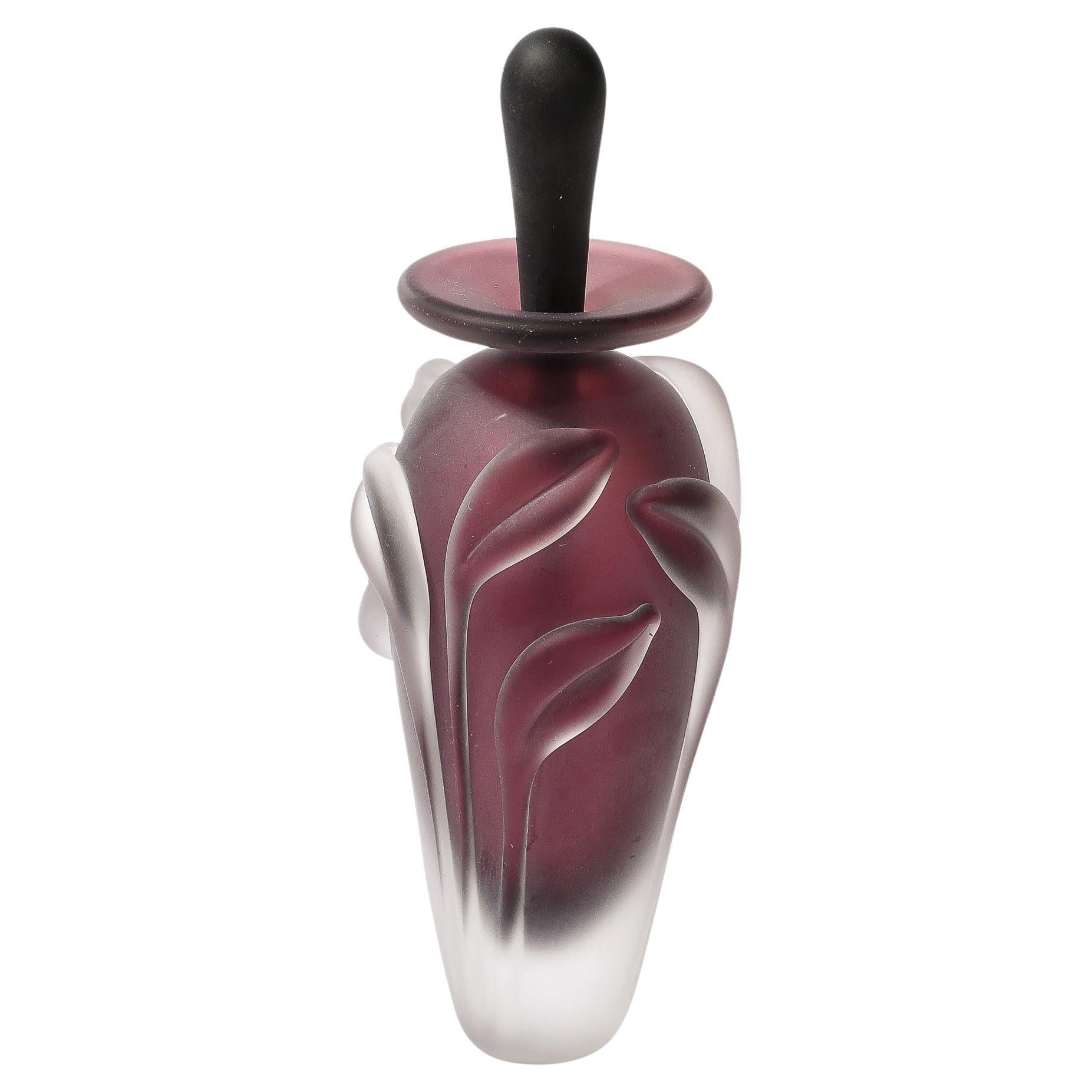 Modernist Frosted Smoked Amethyst Floral Glass Perfume Bottle by William Glasner For Sale