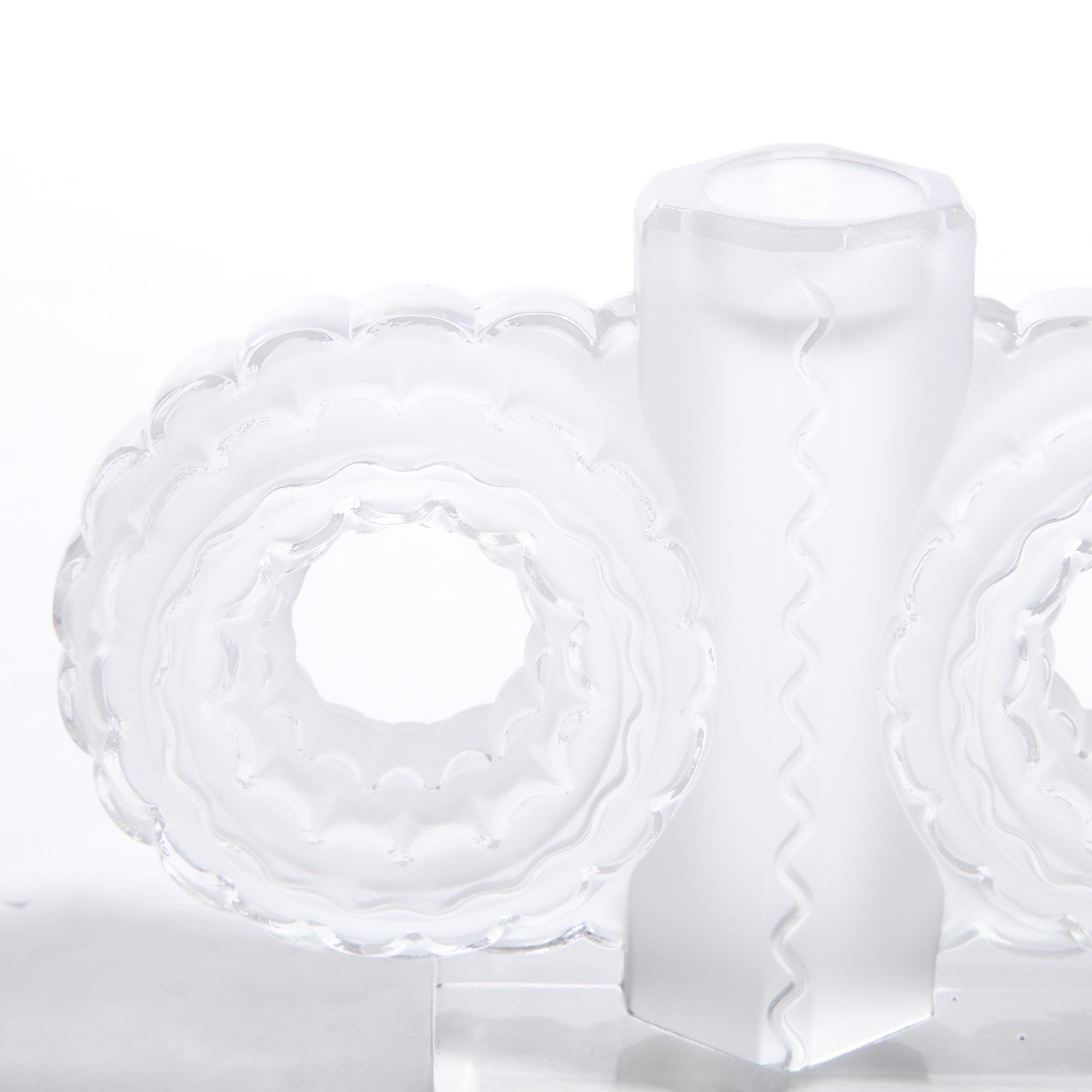 French Modernist Frosted & Translucent Crystal Candle Holder by Lalique