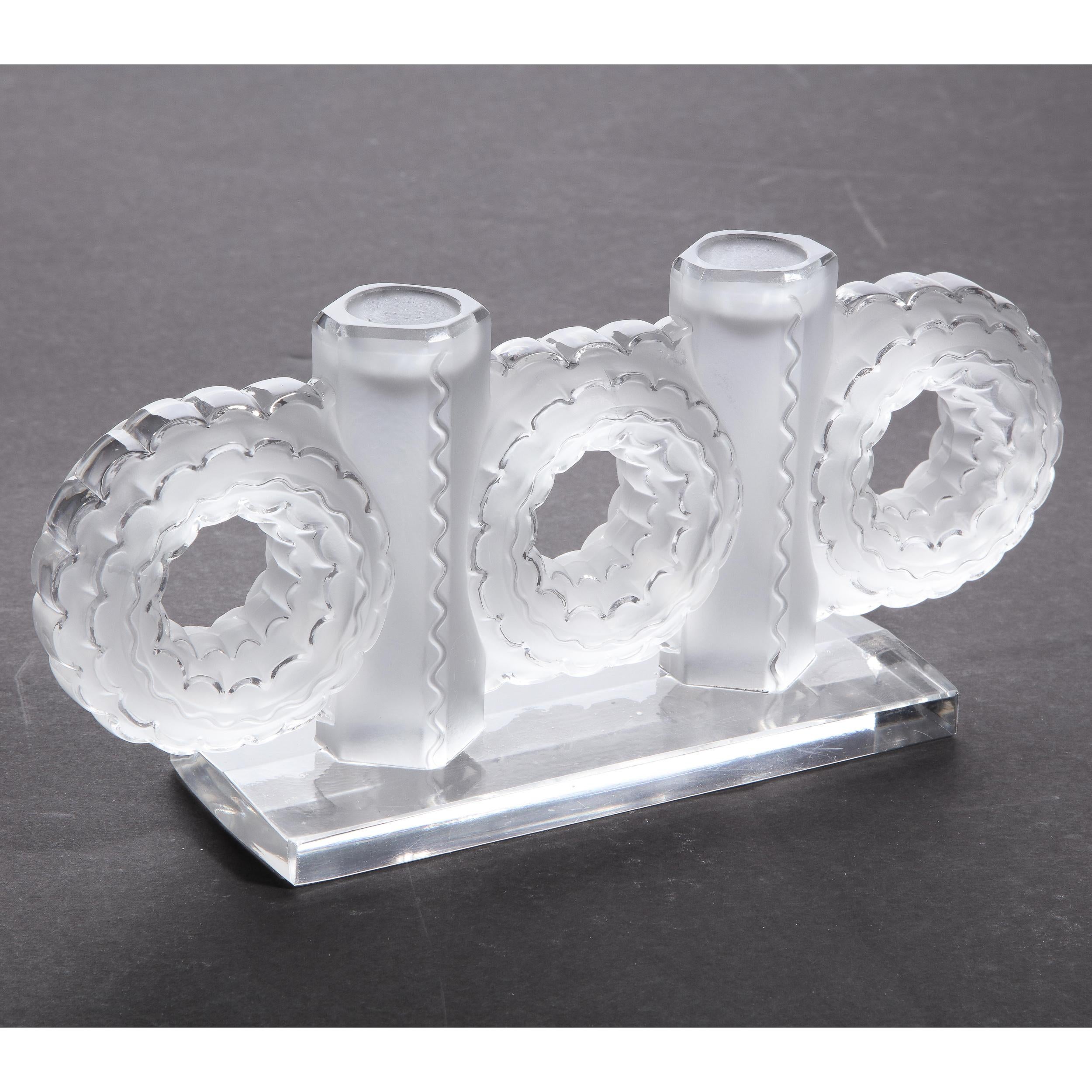 Modernist Frosted & Translucent Crystal Candle Holder by Lalique 1