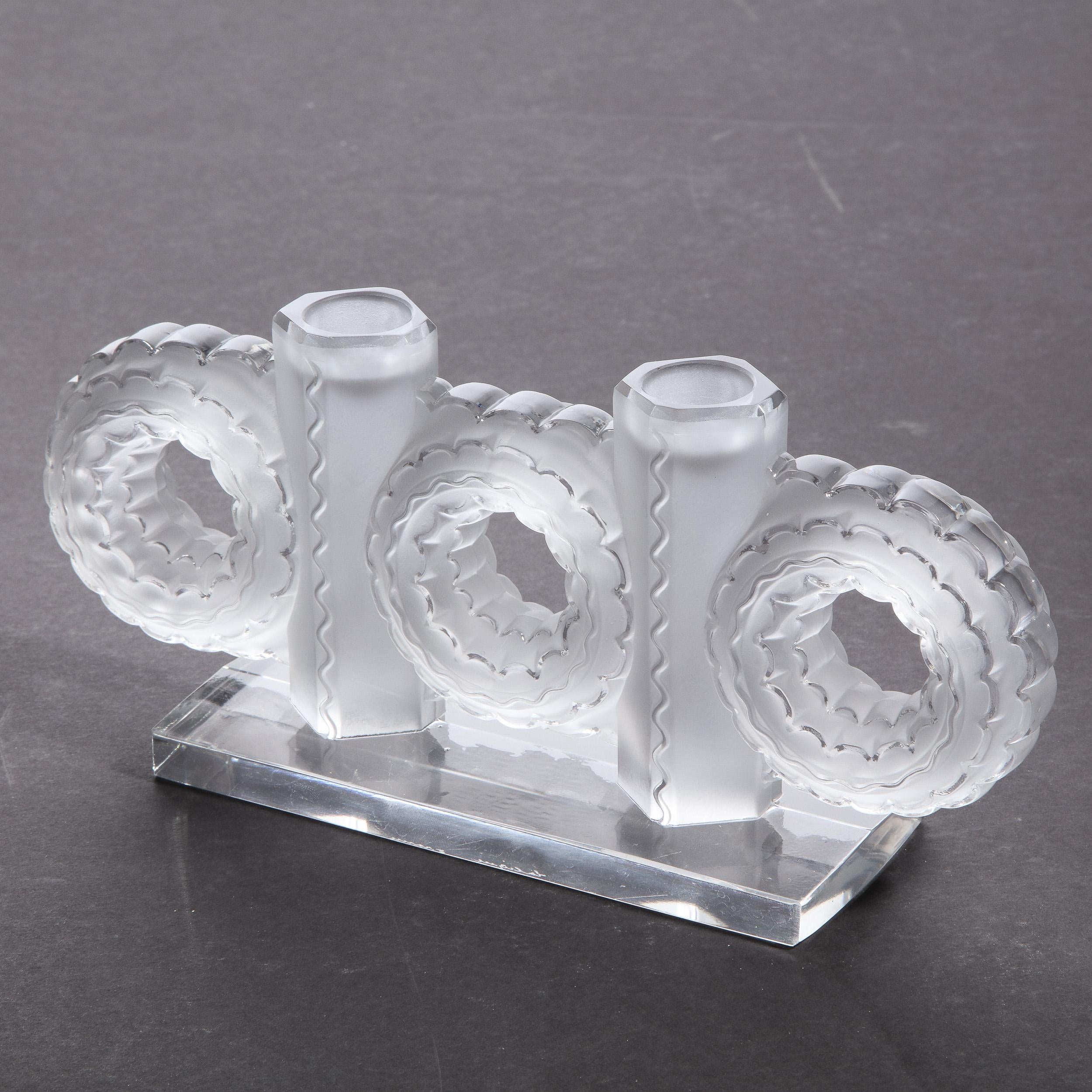 Modernist Frosted & Translucent Crystal Candle Holder by Lalique 3