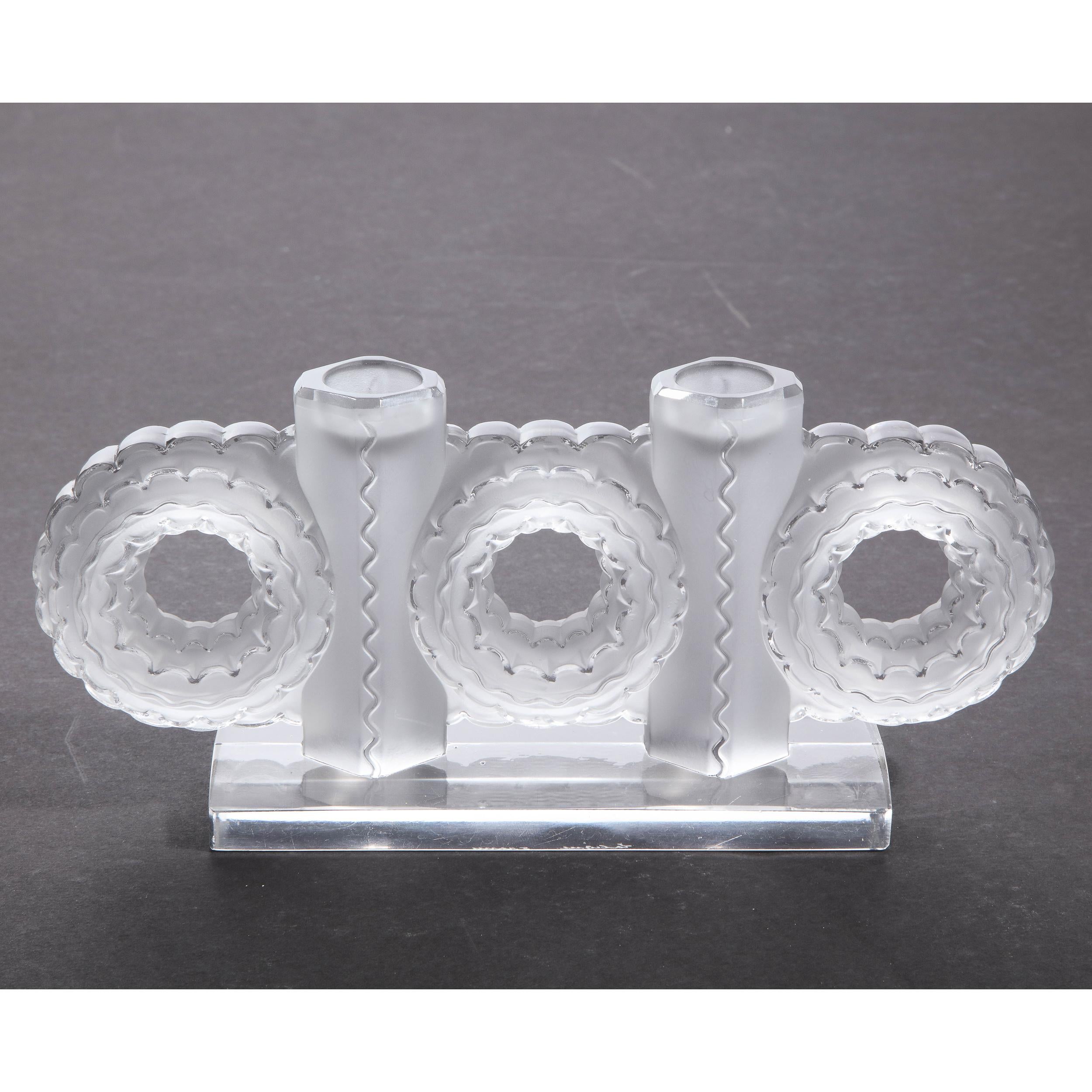 Modernist Frosted & Translucent Crystal Candle Holder by Lalique 4