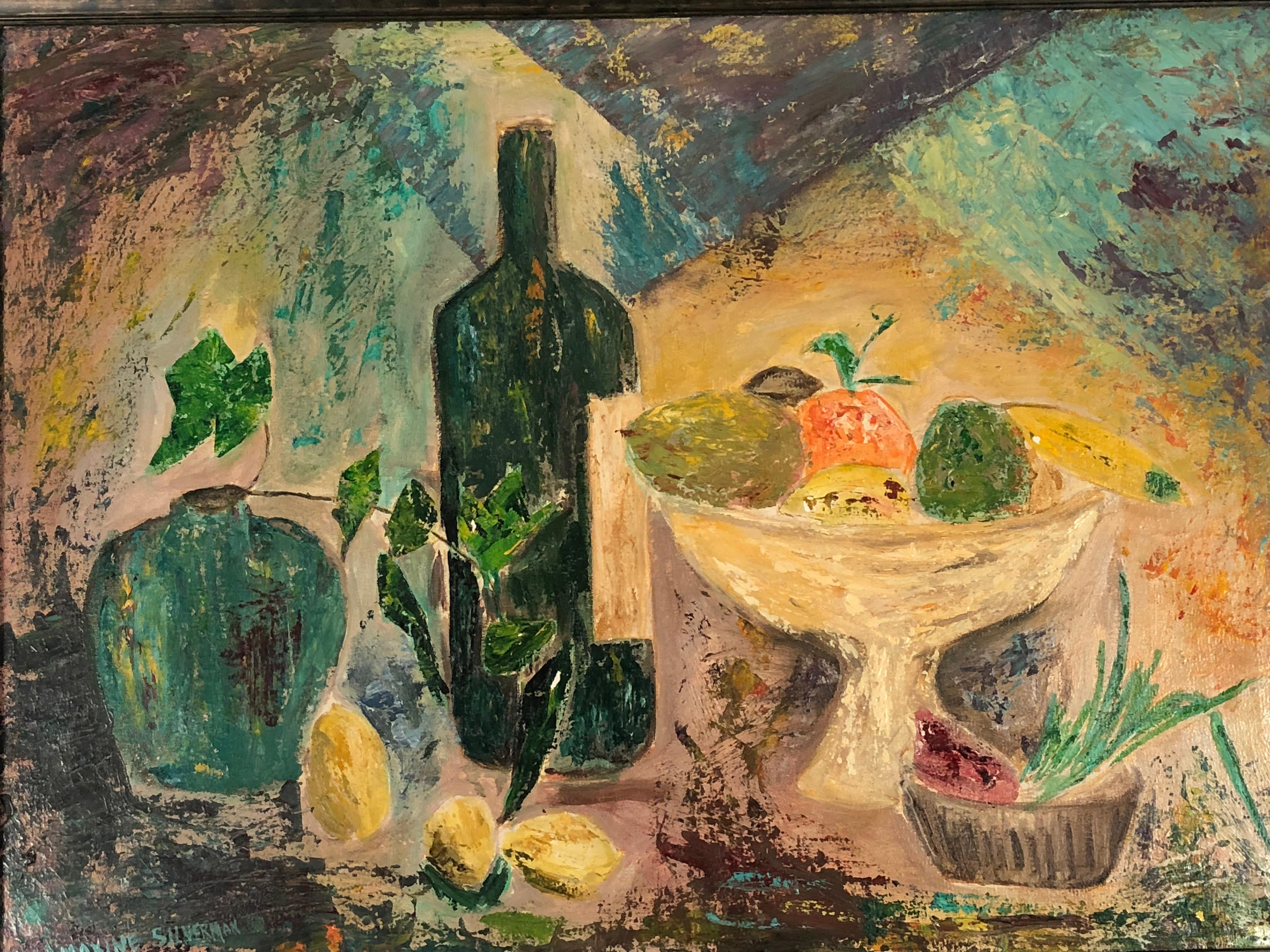 Modernist Yellow, Blue, Green, Orange Fruit Still Life Painting, circa 1959 1