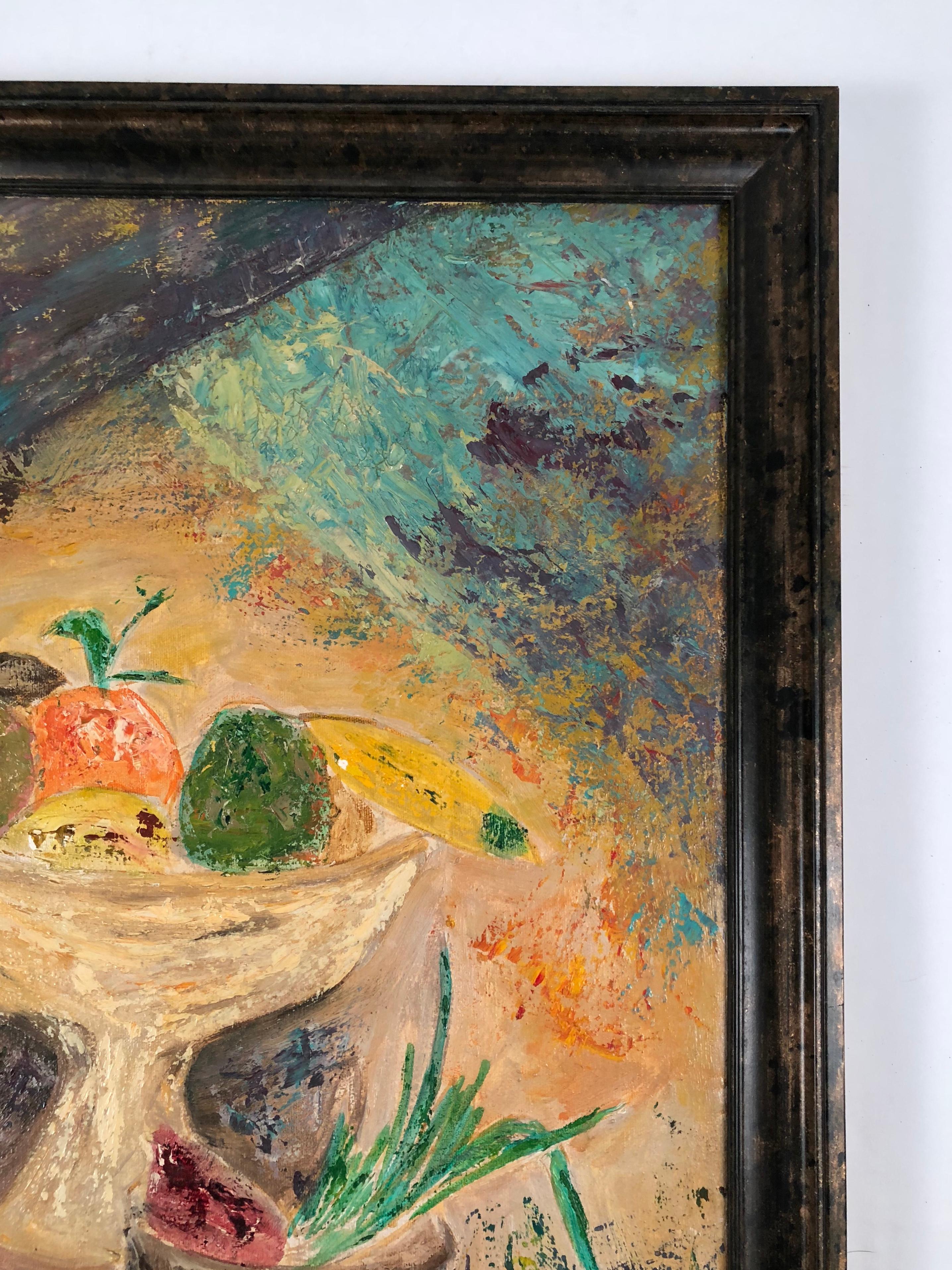 Modernist Yellow, Blue, Green, Orange Fruit Still Life Painting, circa 1959 In Good Condition In Essex, MA