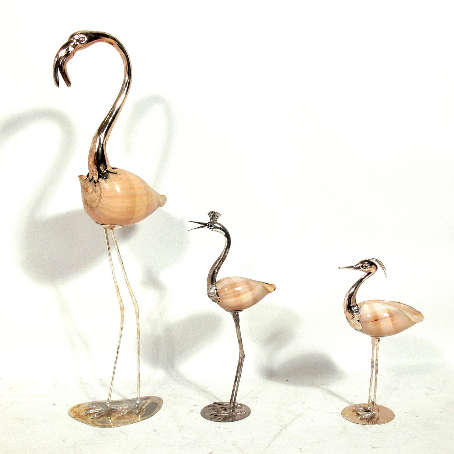 Mid-Century Modern Modernist Gabriella Binazzi Silver and Shell Bird Sculptures