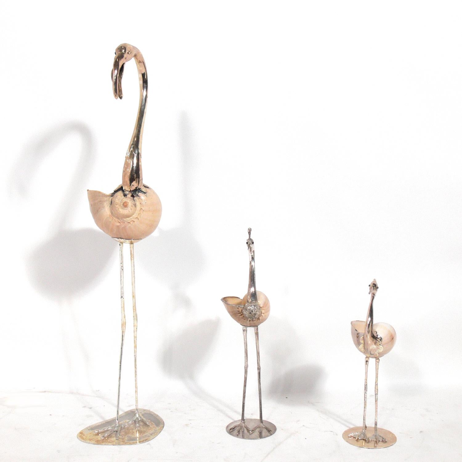 Plated Modernist Gabriella Binazzi Silver and Shell Bird Sculptures