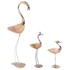 Modernist Gabriella Binazzi Silver and Shell Bird Sculptures