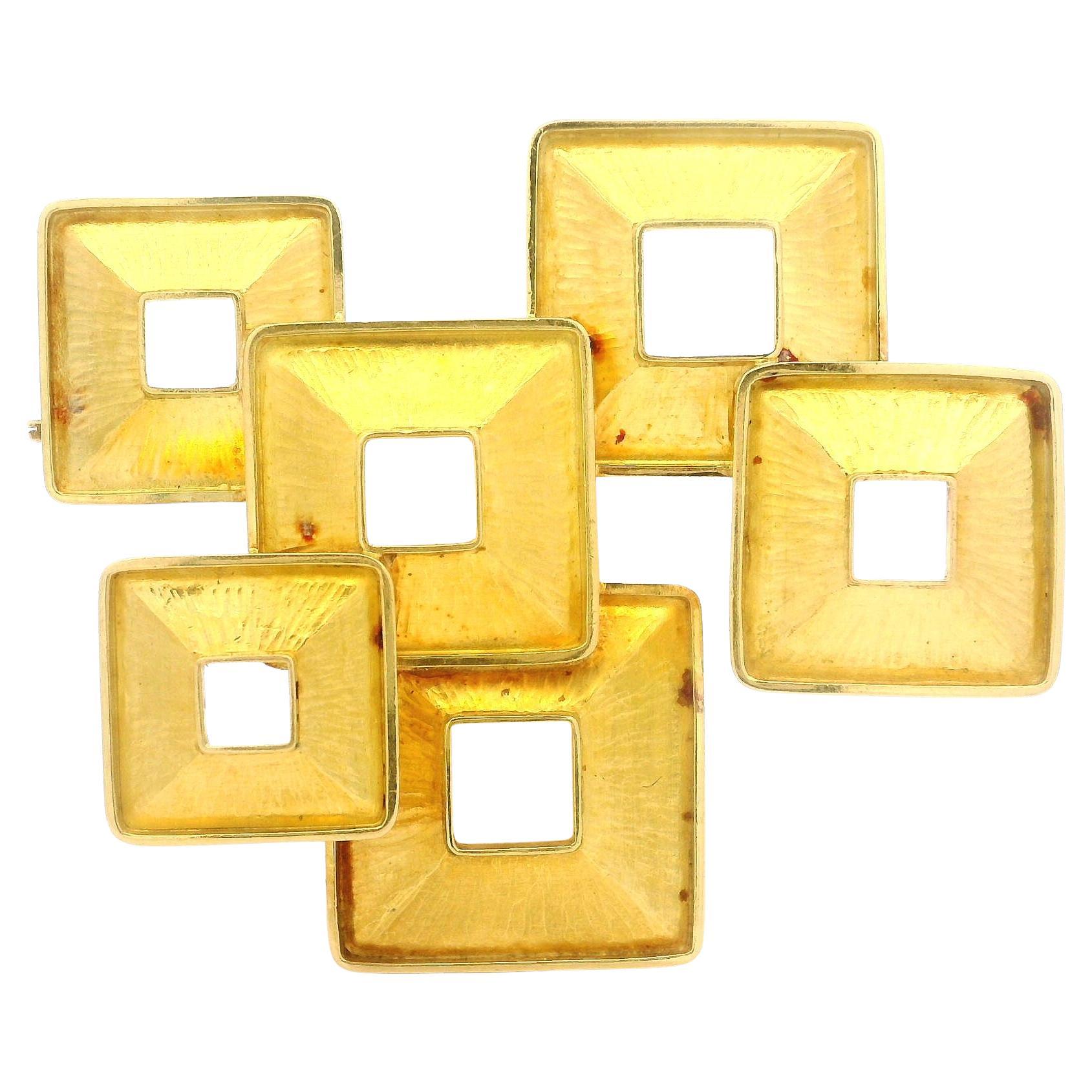 Modernist Geometric 18k Solid Yellow Gold Overlapping Textured Squares Brooch