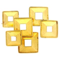 Modernist Geometric 18k Solid Yellow Gold Overlapping Textured Squares Brooch