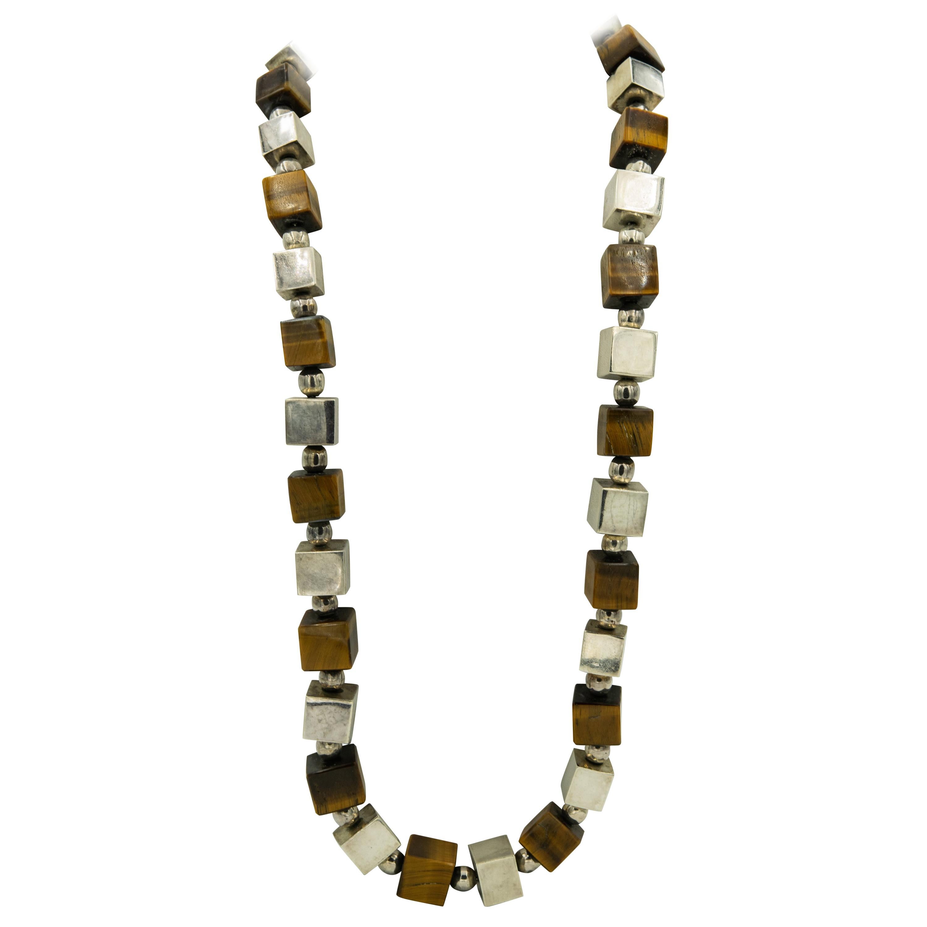 Modernist Geometric Circle Square Cube and Tiger's Eye Sterling Silver Necklace For Sale