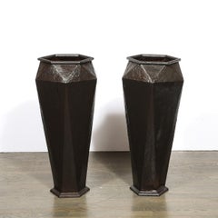 Modernist Geometric Faceted Hand-Hammered Wrought Iron Vases in Bronze Finish