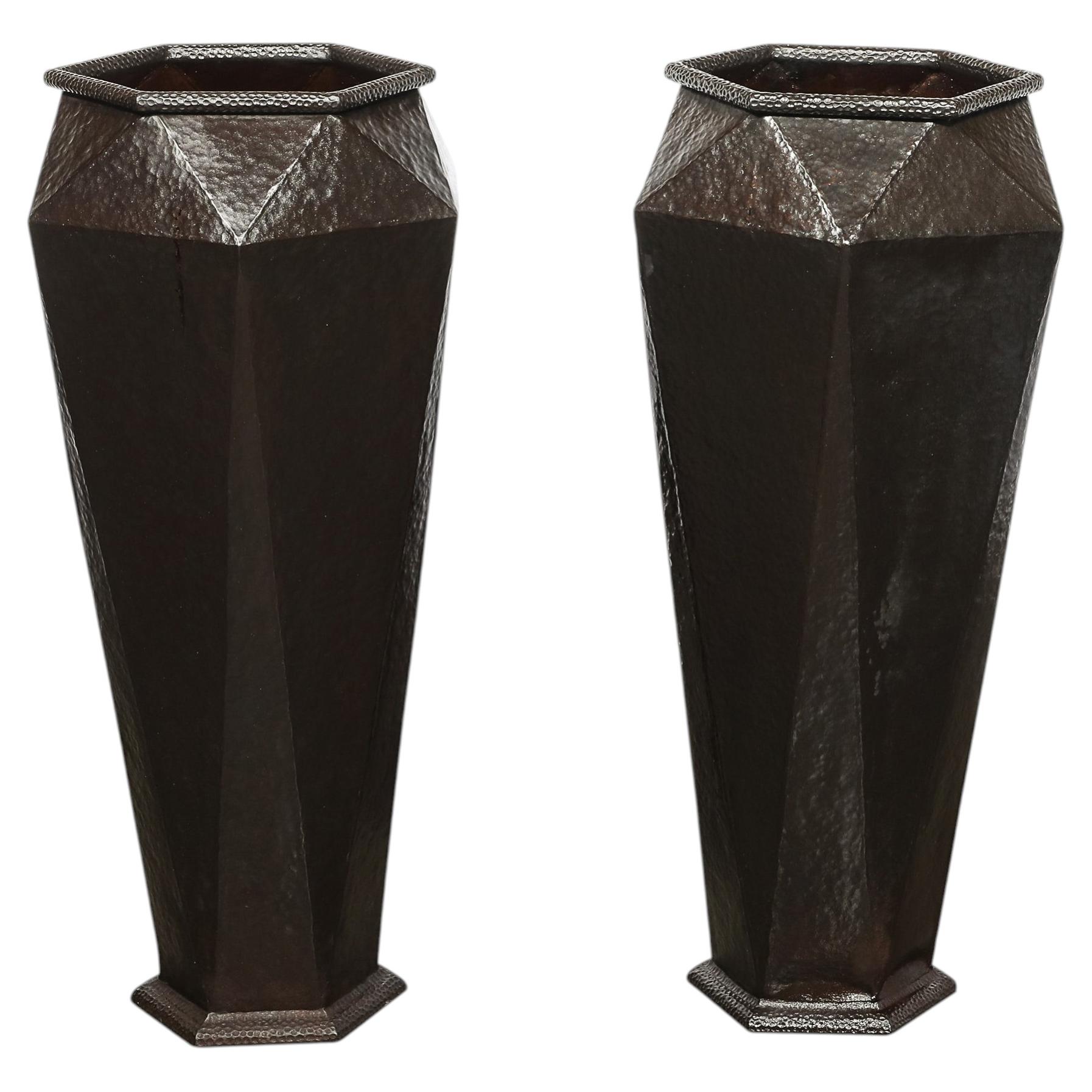 Modernist Geometric Faceted Hand-Hammered Wrought Iron Vases in Bronze Finish For Sale