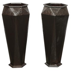 Modernist Geometric Faceted Hand-Hammered Wrought Iron Vases in Bronze Finish