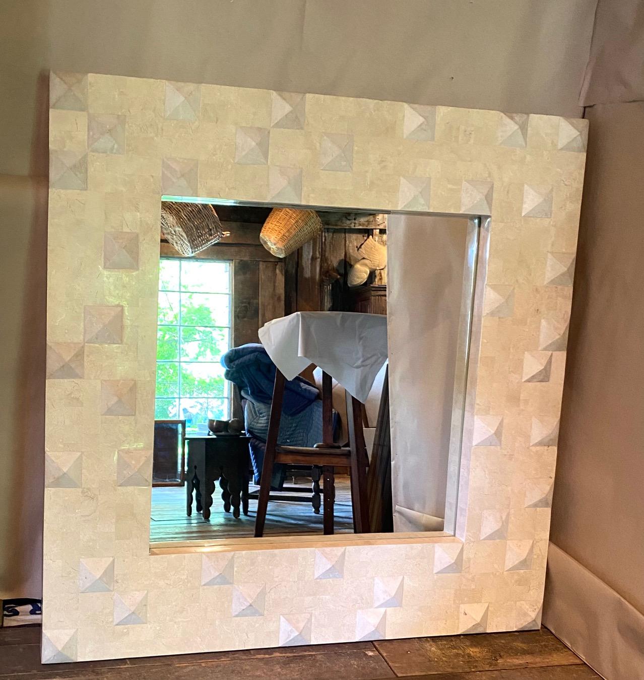 American Modernist Geometric Fossil Stone Mirror by Oggetti For Sale