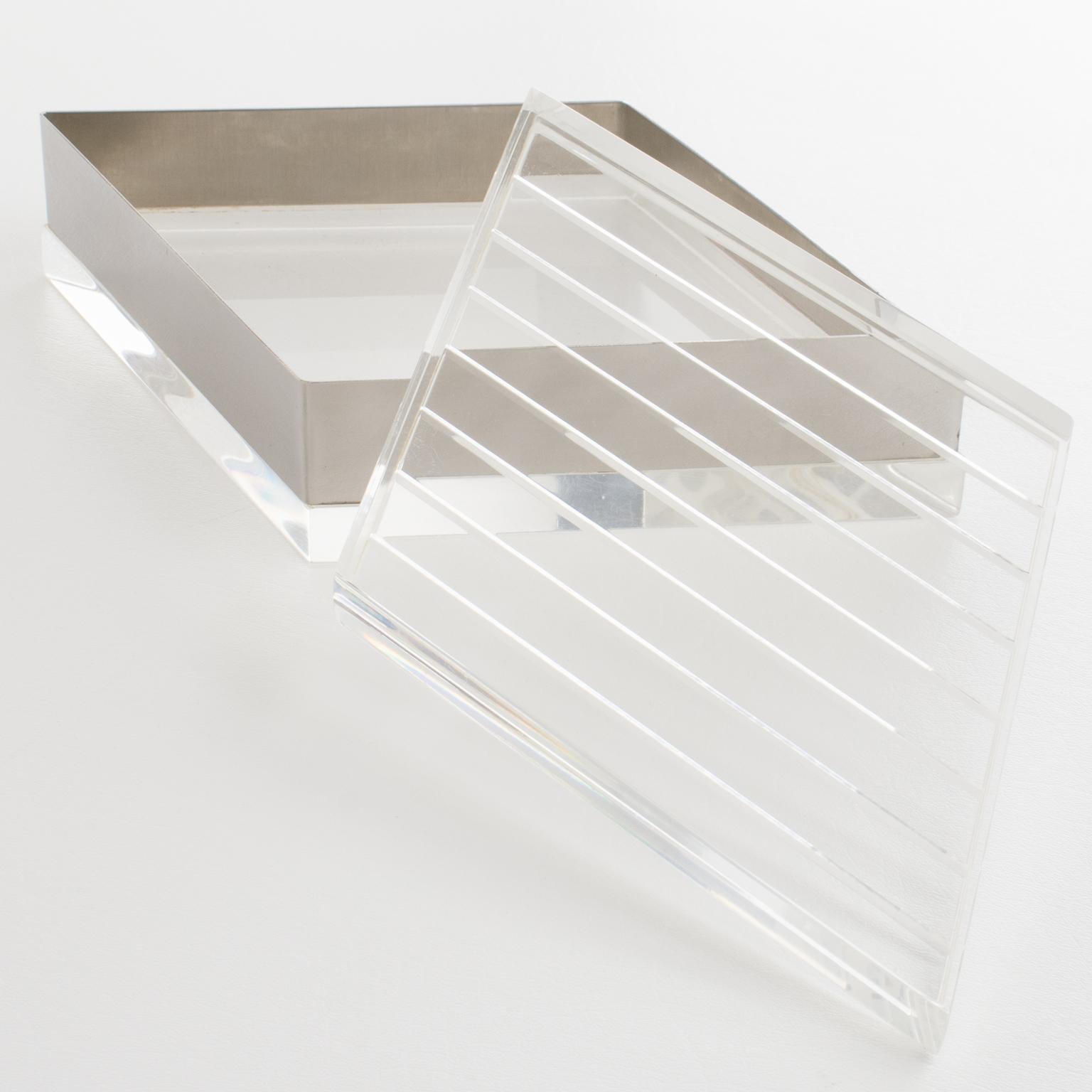 Modernist Geometric Lucite and Chrome Metal Decorative Box, France 1970s In Excellent Condition For Sale In Atlanta, GA