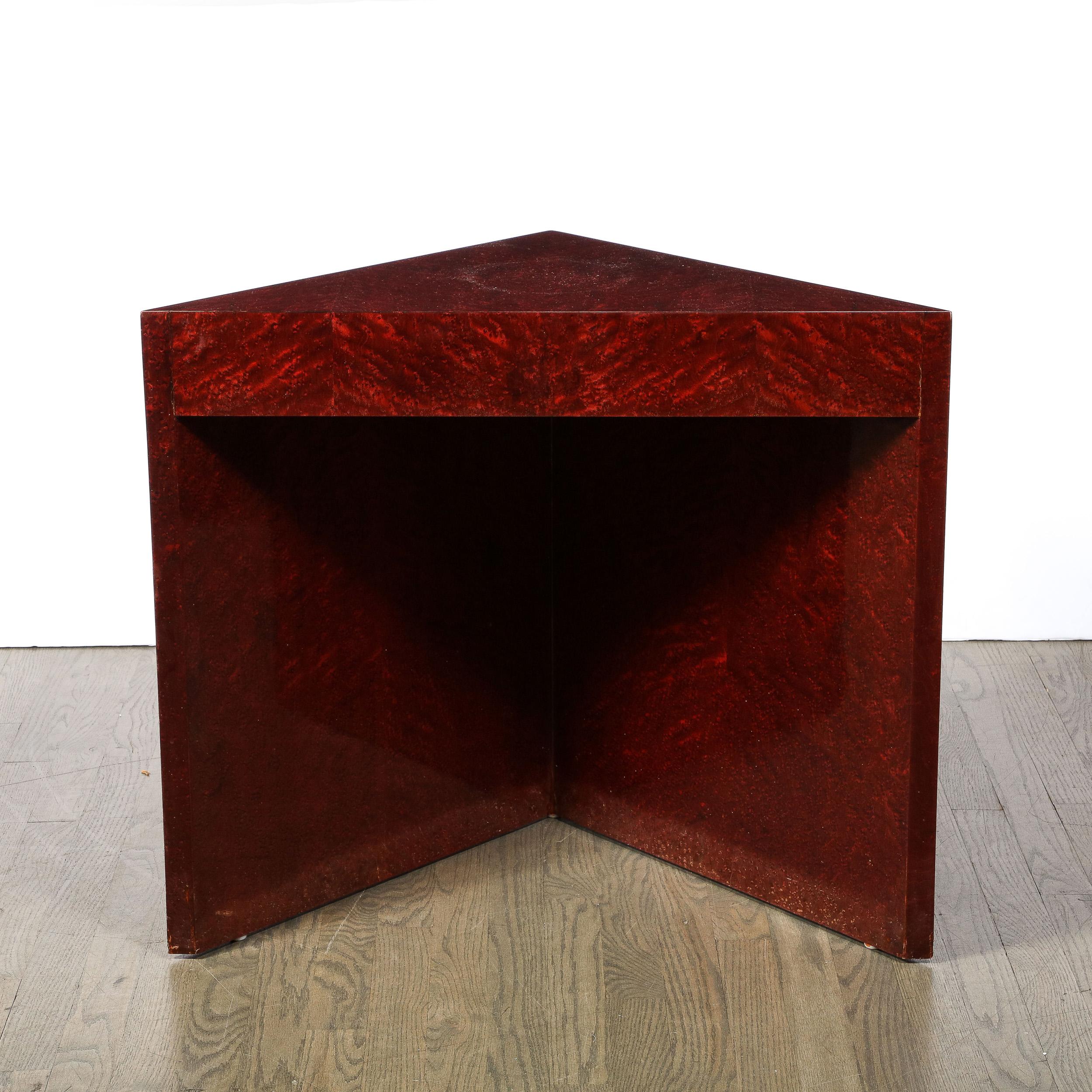 This graphic and refined modernist side/ accent table was realized in the United States  by Pace Created by two adjoined volumetric rectilinear burled walnut pieces that meet at a right angle and capped with a triangular top in the same material,