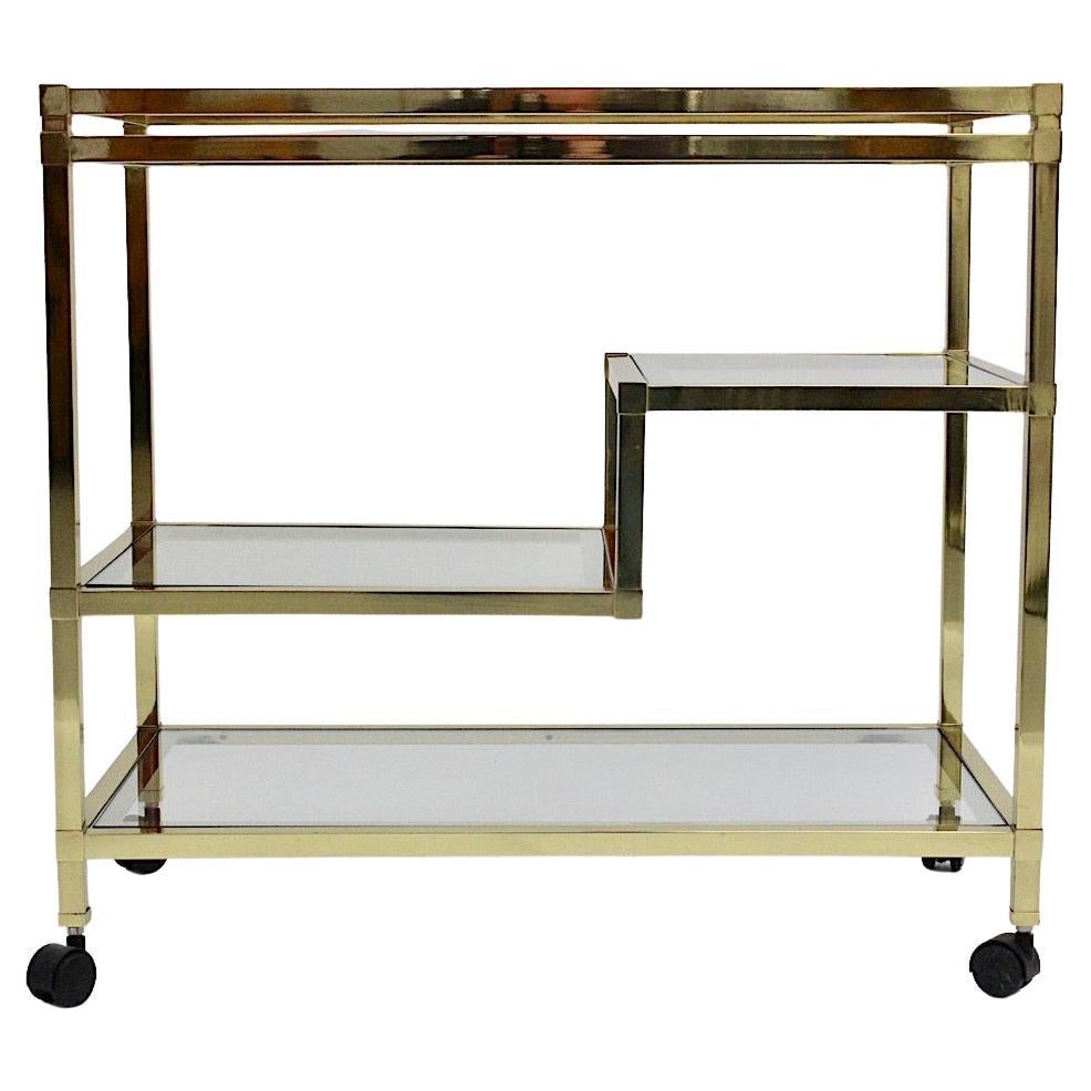 Carrito de Bar Modernista Geométrico Vintage Metal Dorado Cristal Años 70 Italia en venta