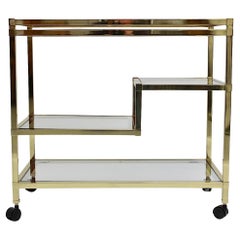 Modernist Geometric Vintage Bar Cart Golden Metal Glass 1970s Italy
