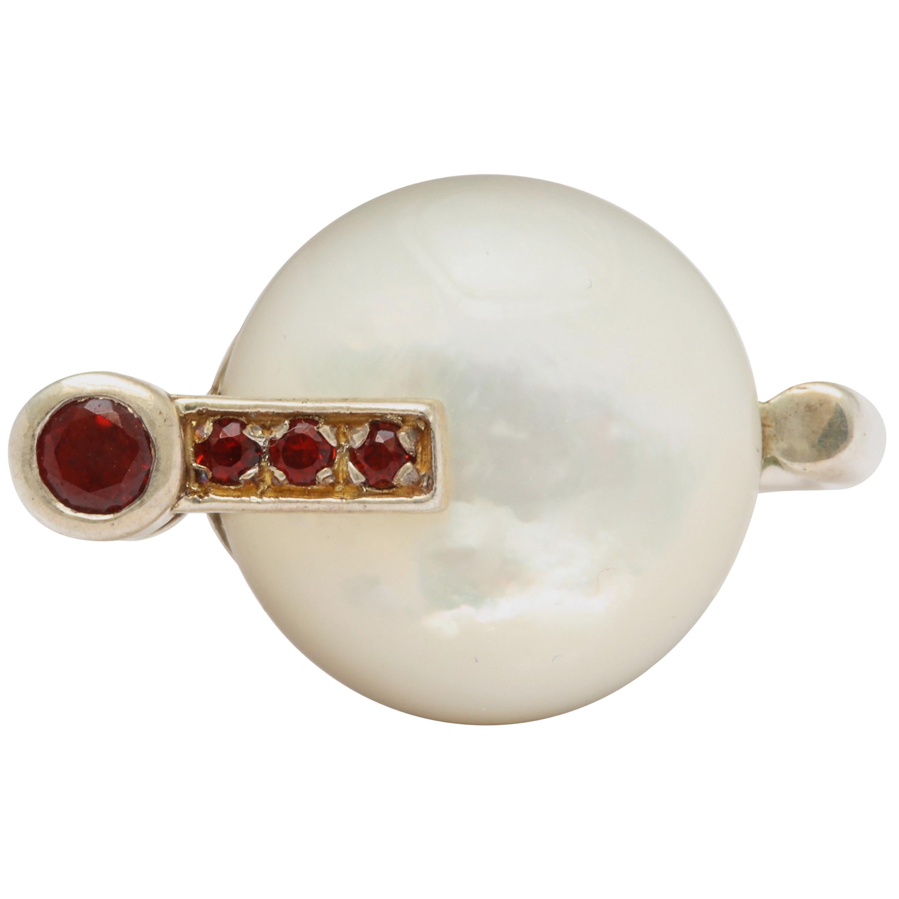 Modernist German Mother of Pearl and Garnet Silver Ring For Sale