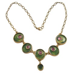 Modernist Gilded Bronze Choker Necklace with Green and Purple Enamel