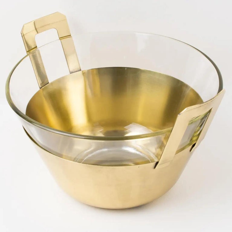 Italian Modernist Gilt Metal and Glass Serving Bowl Centerpiece, 1980s For Sale