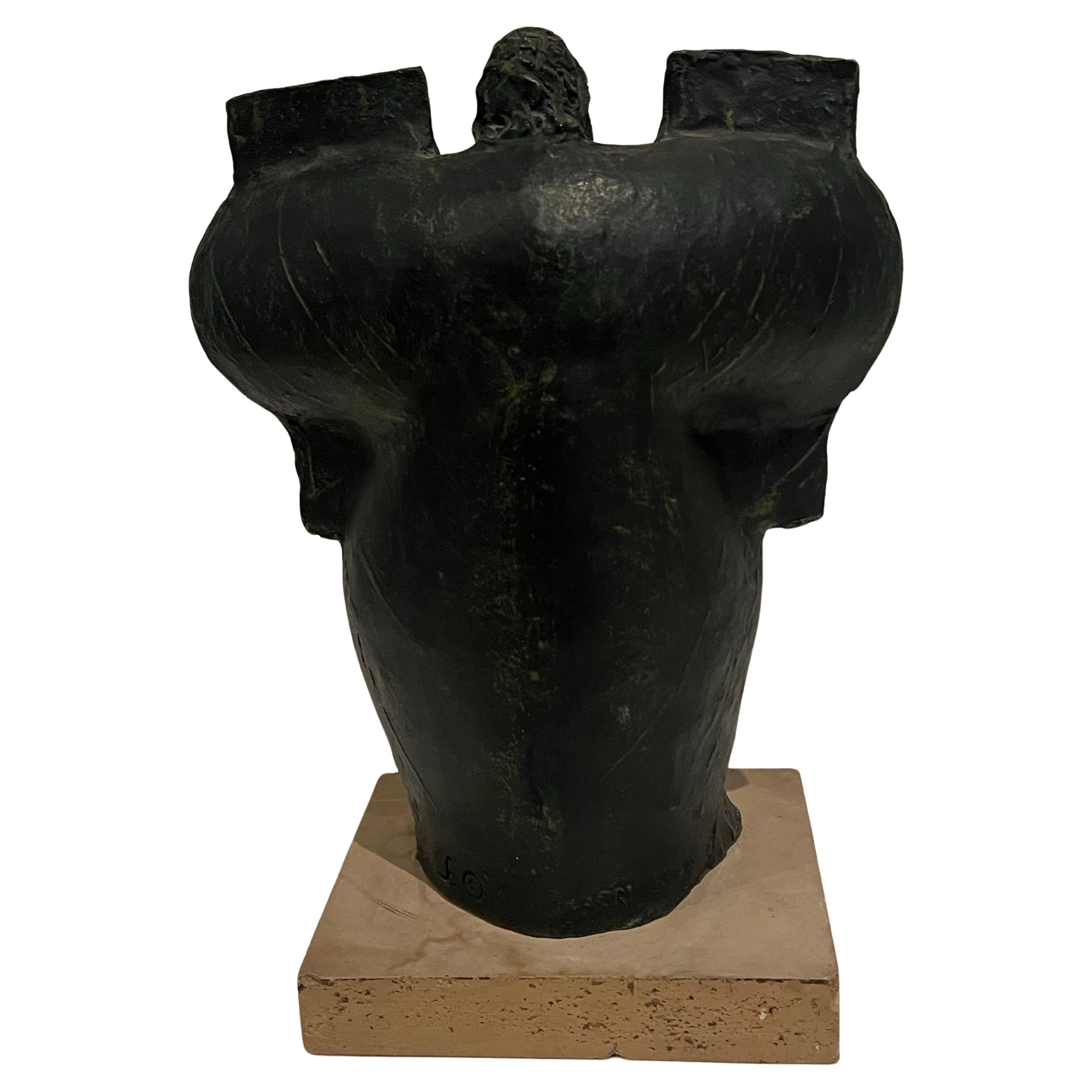 Ginseppe Macri Statue; Moses And The Ten Commandments circa 1969, solid plaster with patinated bronze finish sitting on solid unpolished travertine base nice original patina and condition.