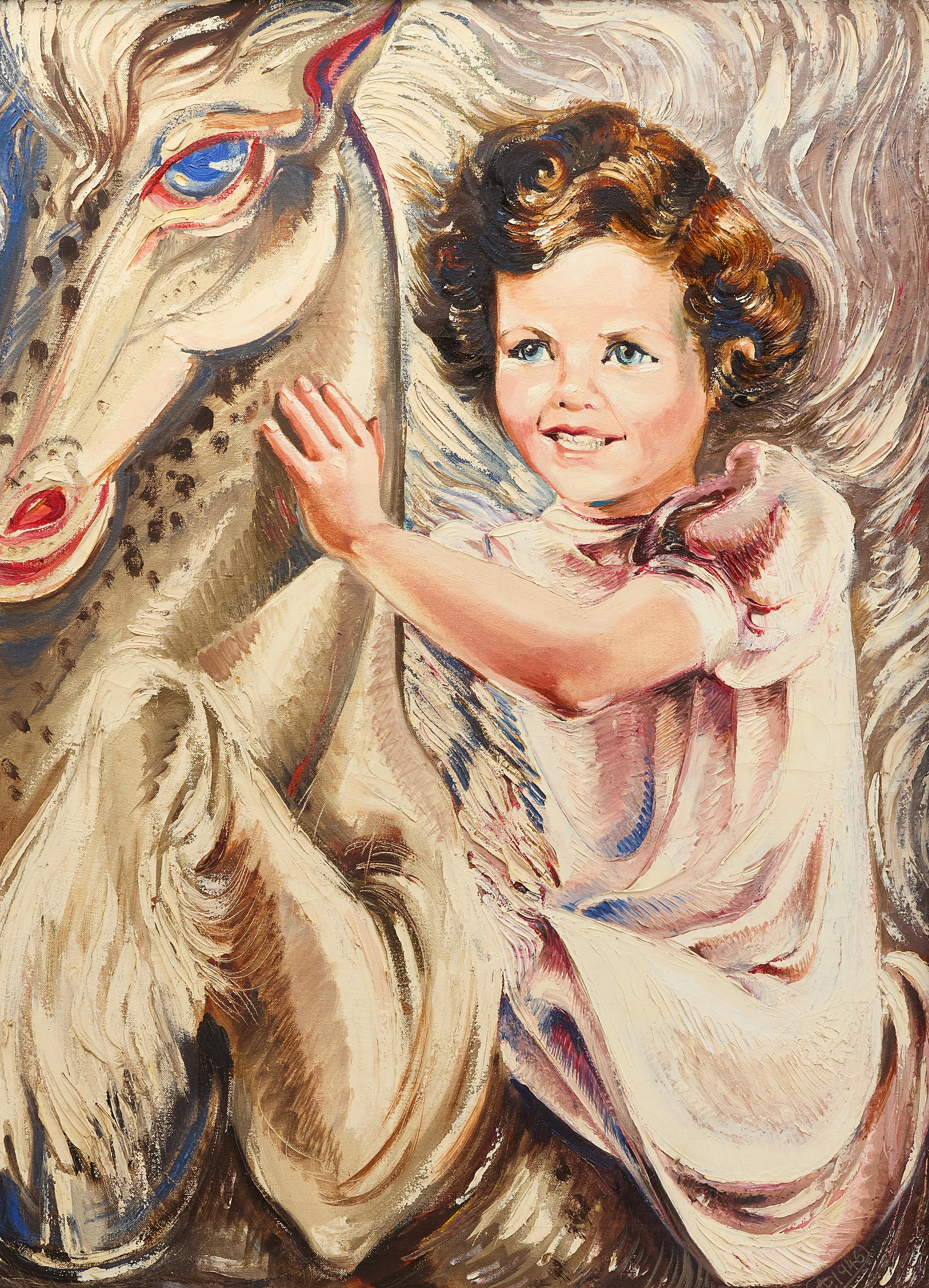 Modernistisches Mädchen mit Karussellziege. Öl auf Leinwand. Signiert mit Monogram und datiert LL. Amerikanisch, 1946. Originaler Rahmen.

Rahmen: H 36-1/2