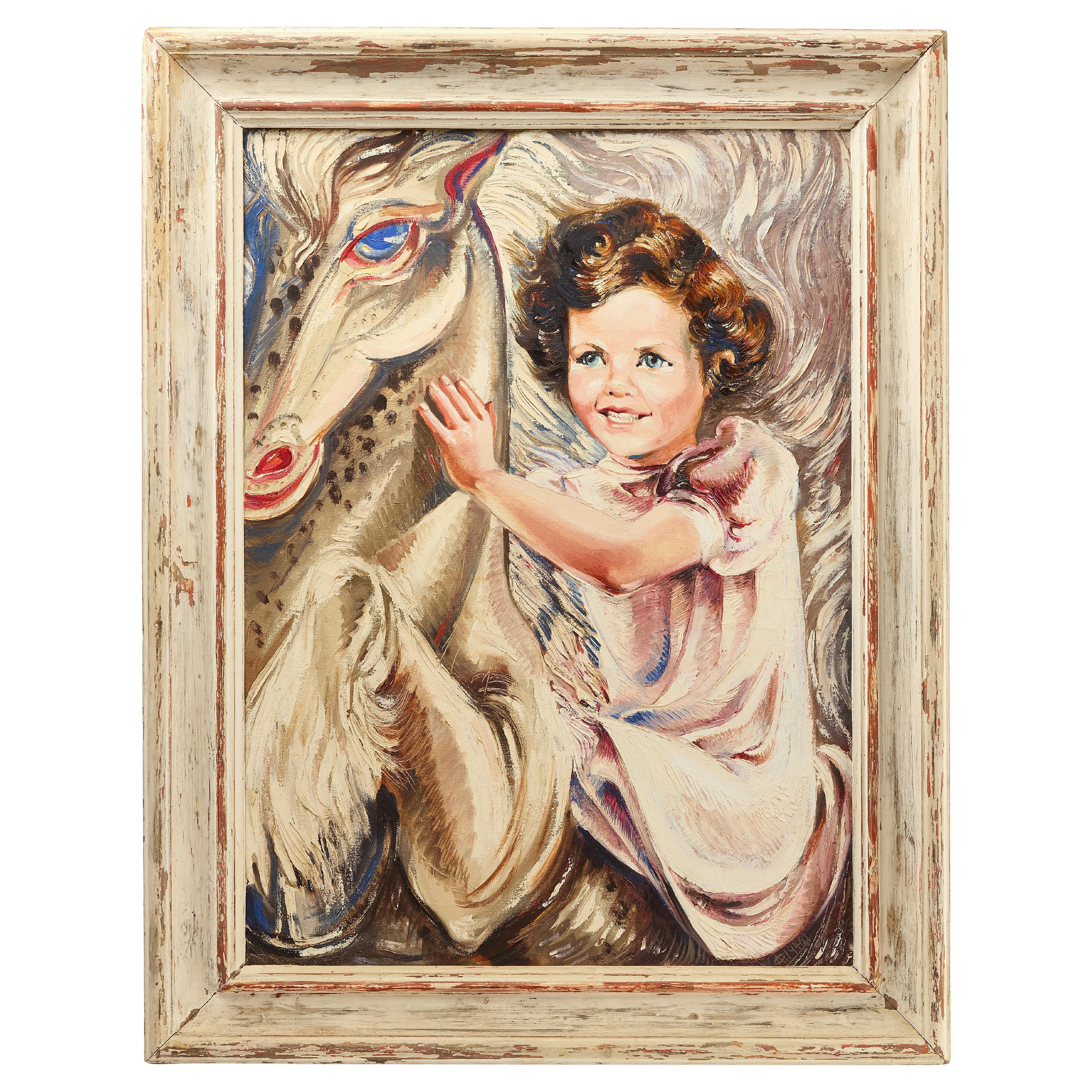 Modernist Girl with Carousel Goat - Oil on canvas.