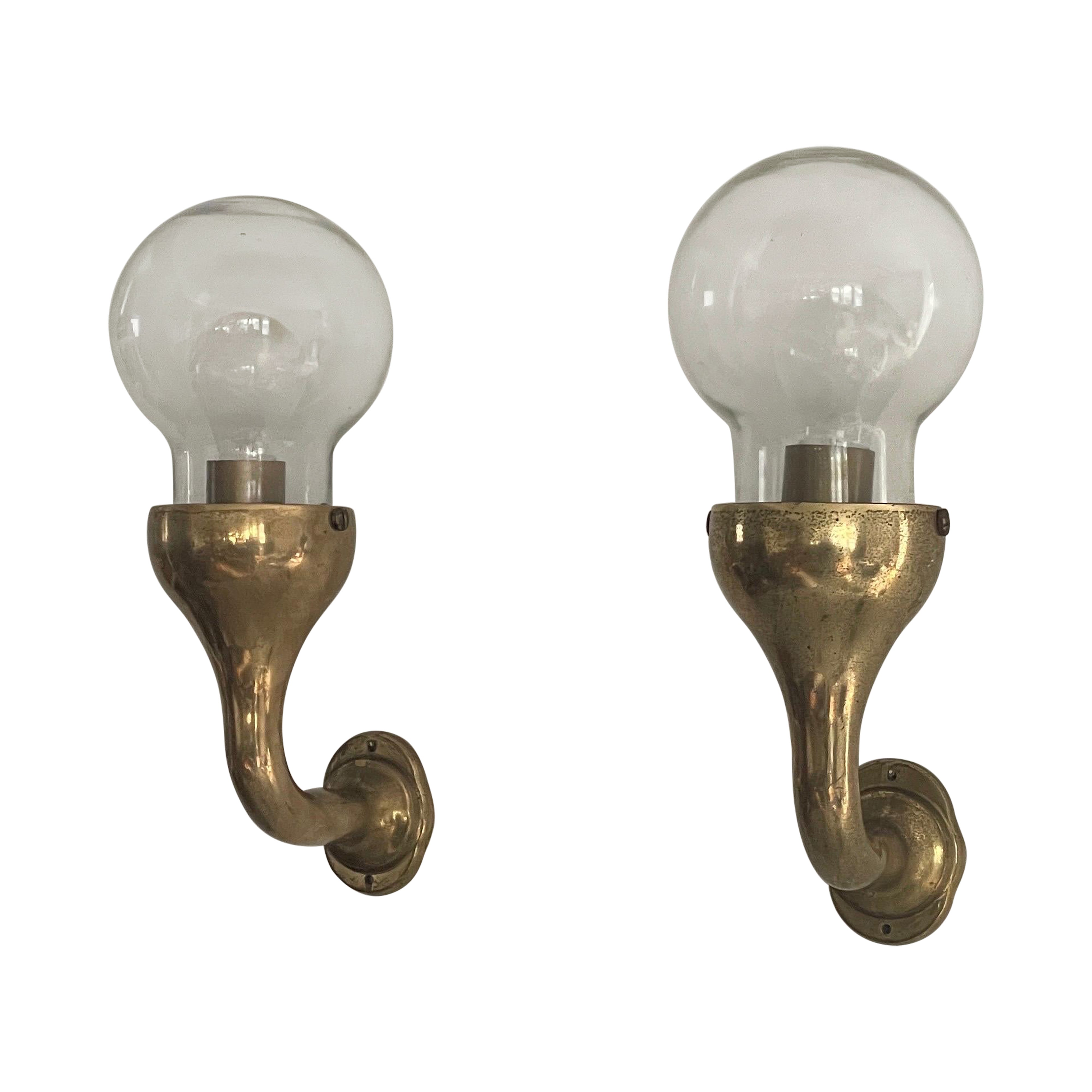 Modernist Glass and Brass Body Pair of Sconces, 1960s, Italy