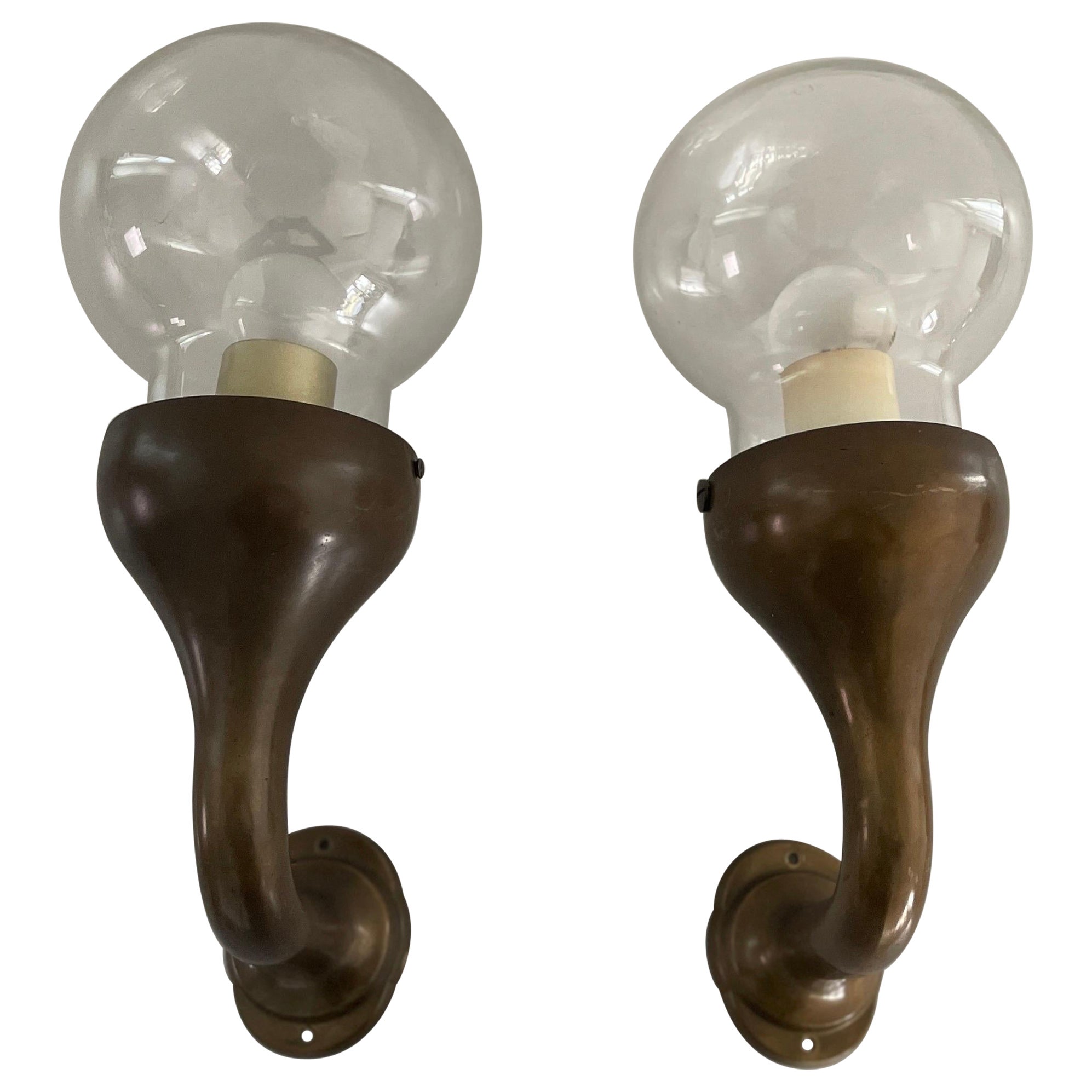 Modernist Glass and Bronze Body Pair of Sconces, 1960s, Italy