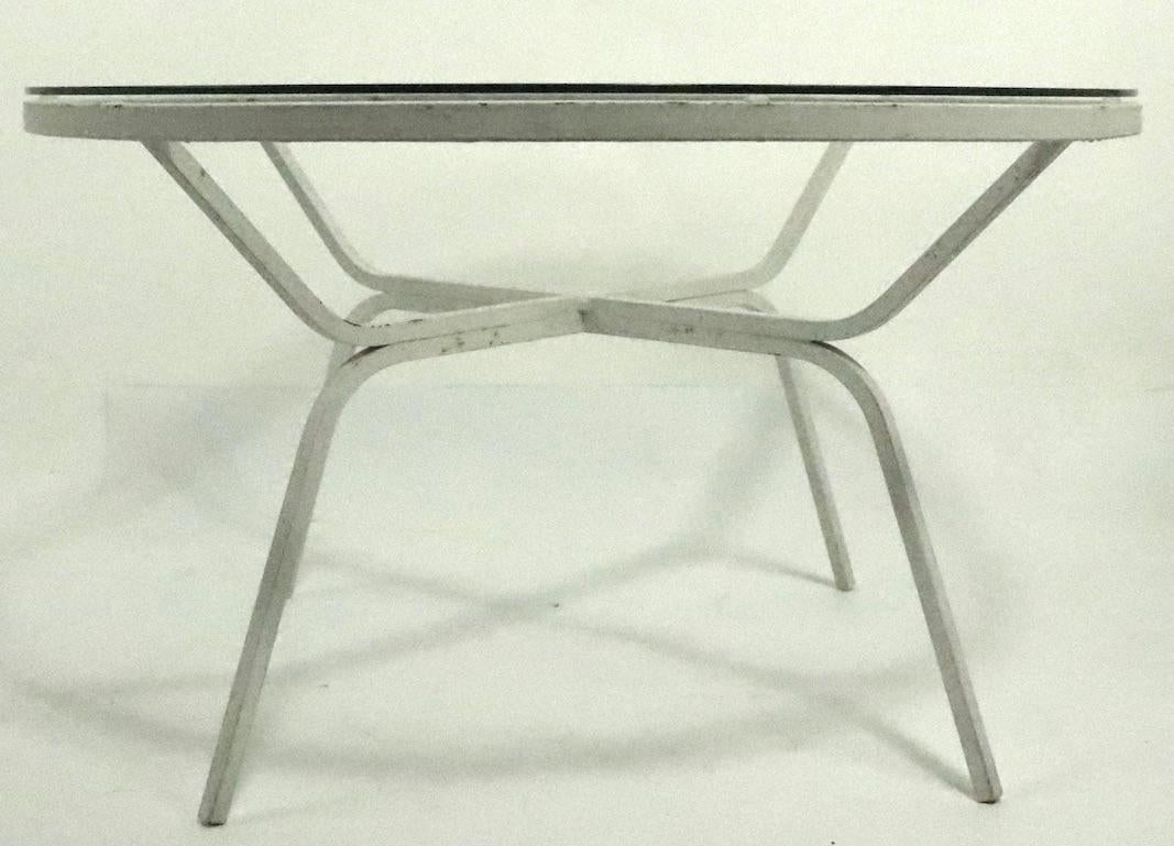 Mid-Century Modern Modernist Glass Top Wrought Iron Patio Garden Table Attributed to Salterini