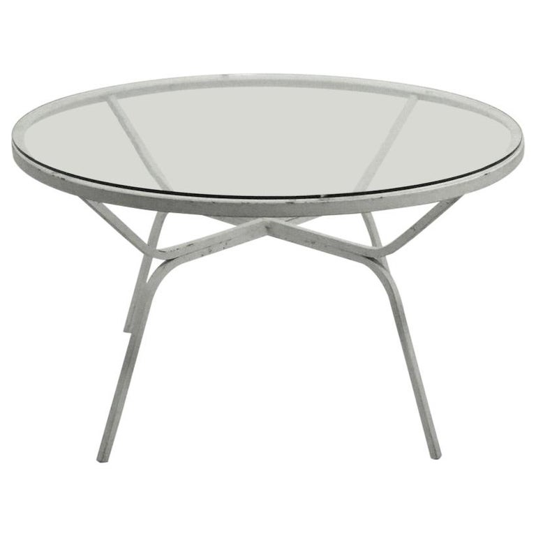 Modernist Glass Top Wrought Iron Patio Garden Table Attributed to