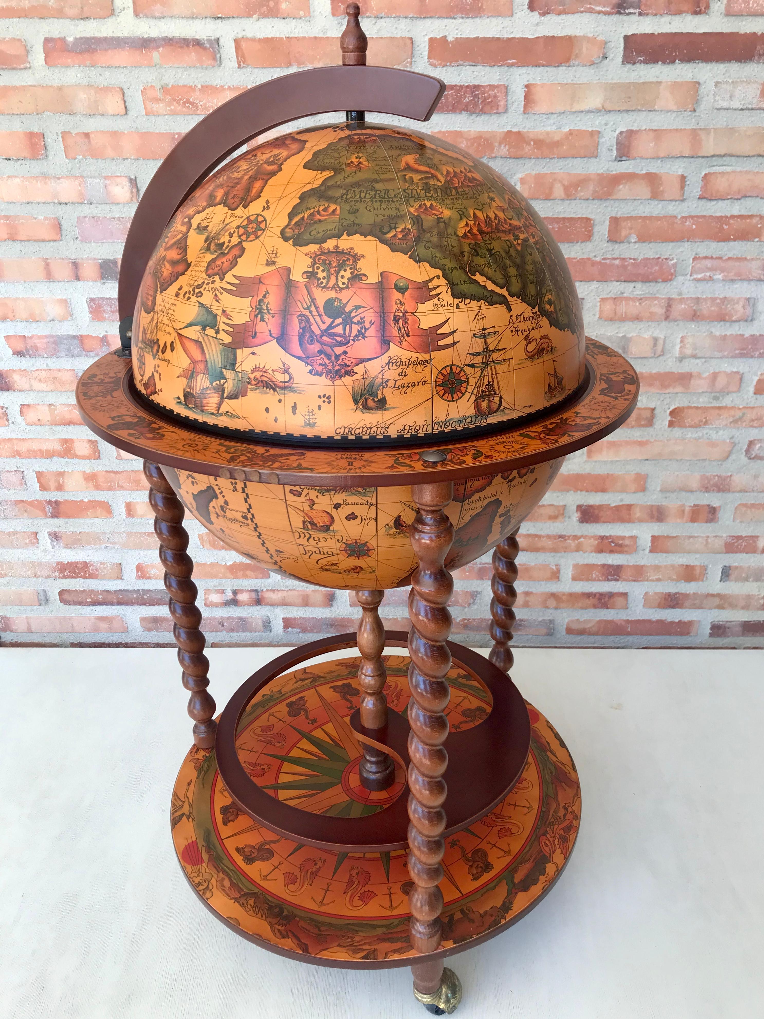 European Modernist Globe Cocktail Cabinet Dry Bar with Turned Legs
