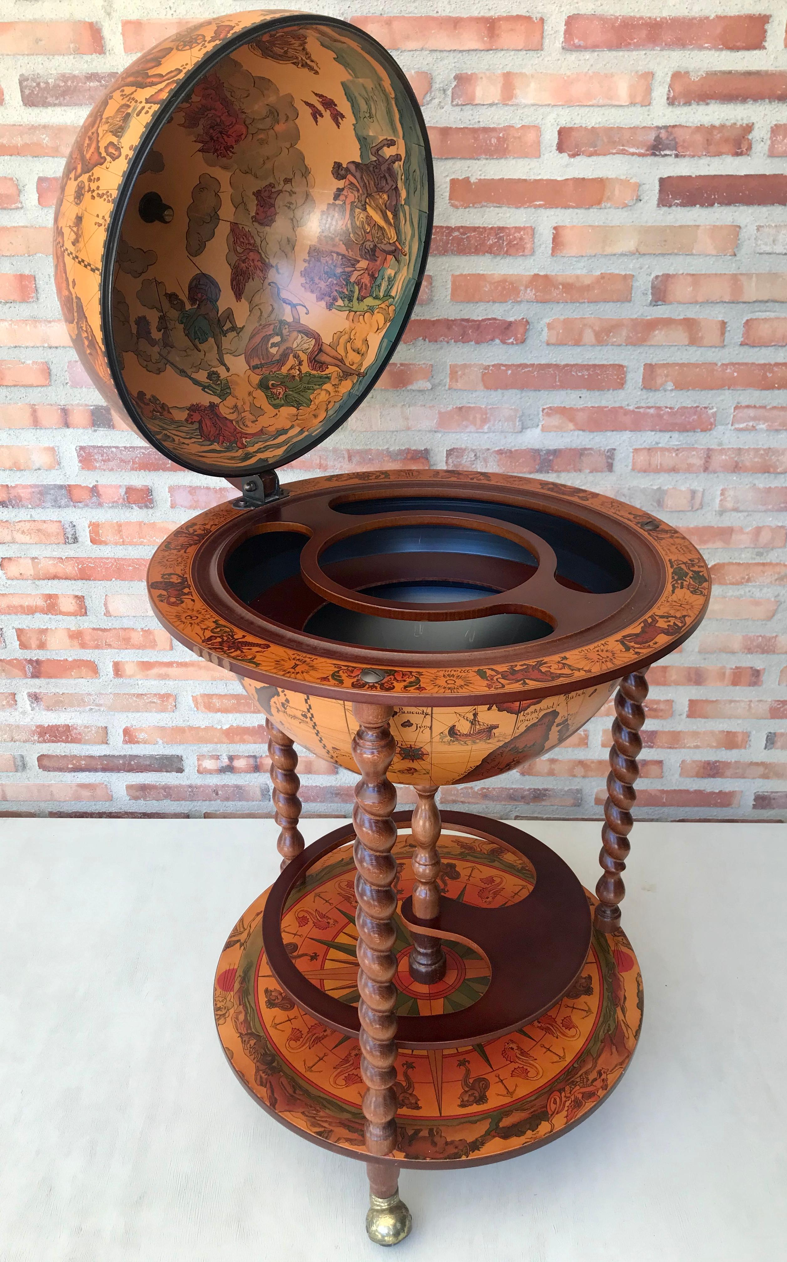 20th Century Modernist Globe Cocktail Cabinet Dry Bar with Turned Legs