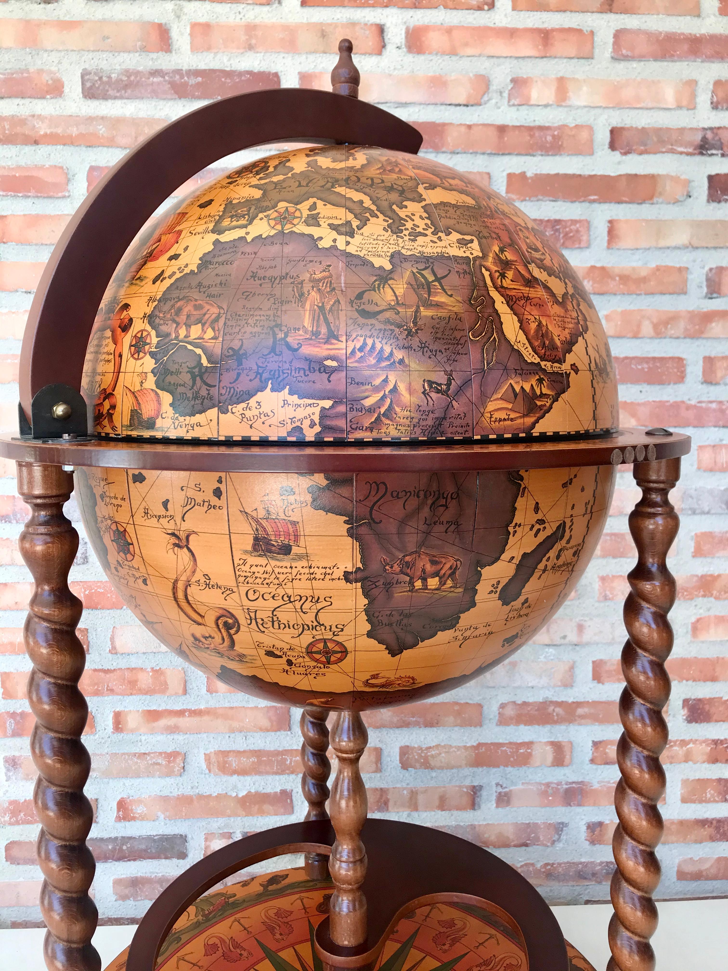 Walnut Modernist Globe Cocktail Cabinet Dry Bar with Turned Legs