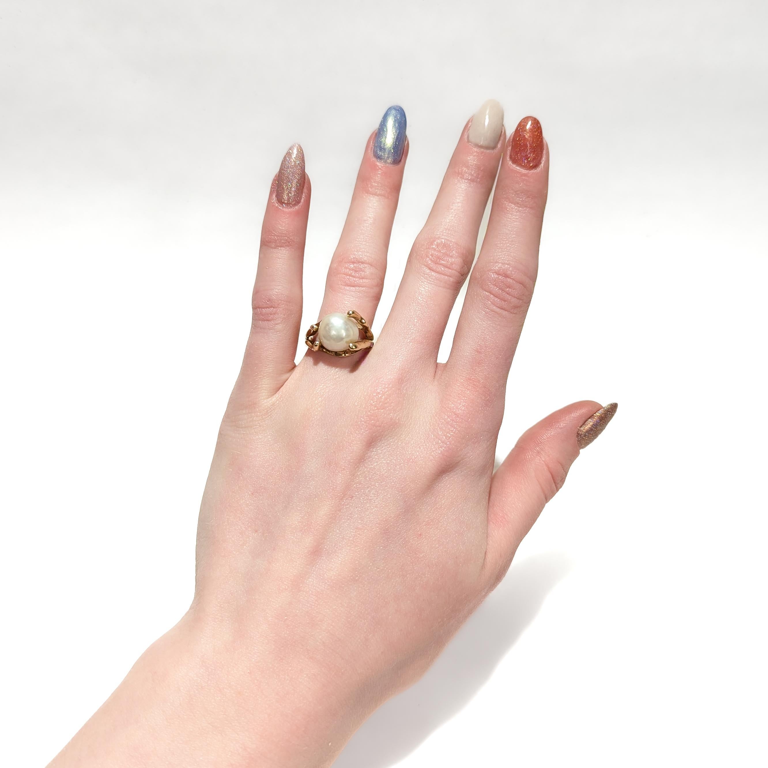 Modernist Gold and Baroque Pearl Cocktail Ring For Sale 2