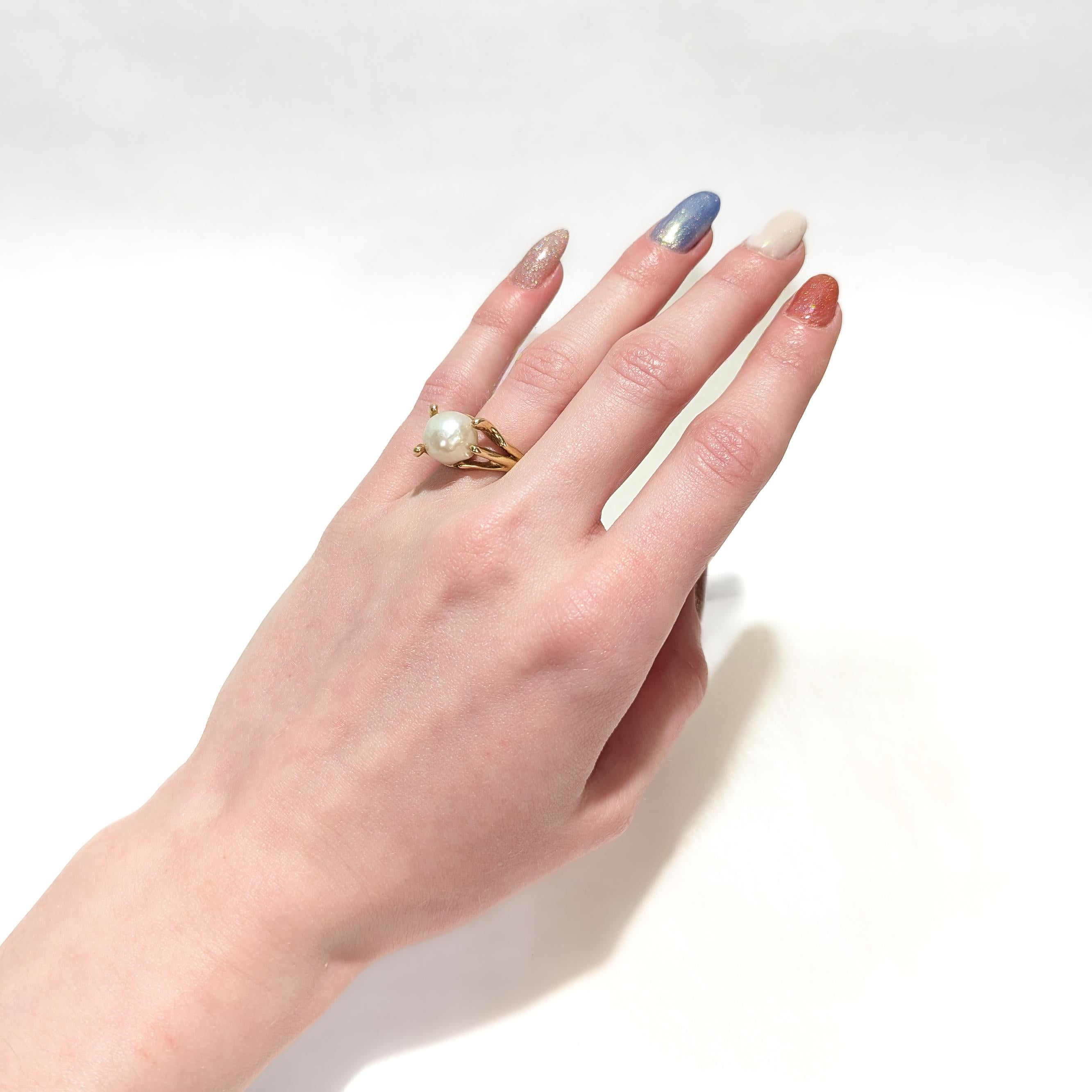 Modernist Gold and Baroque Pearl Cocktail Ring For Sale 3