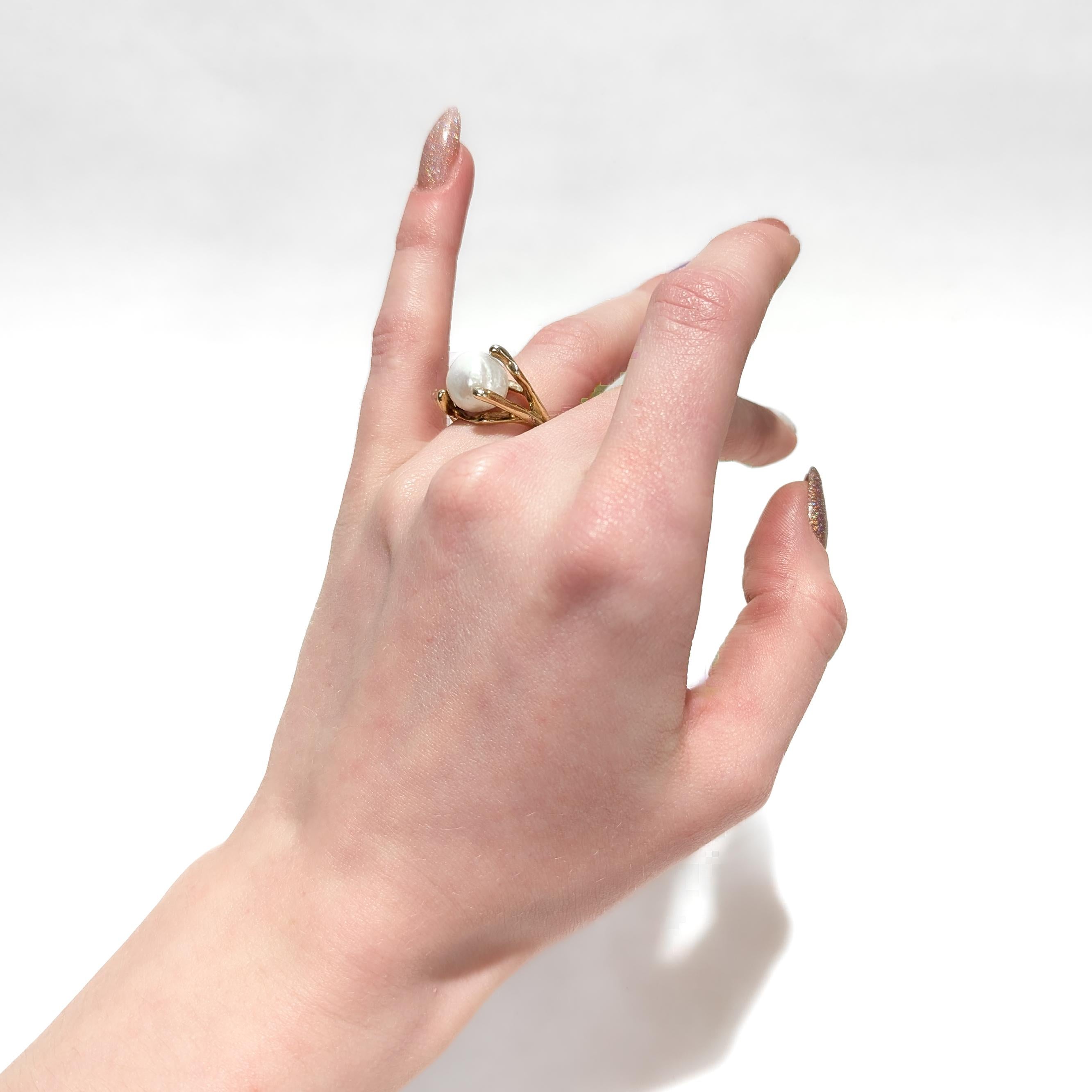 Modernist Gold and Baroque Pearl Cocktail Ring For Sale 4