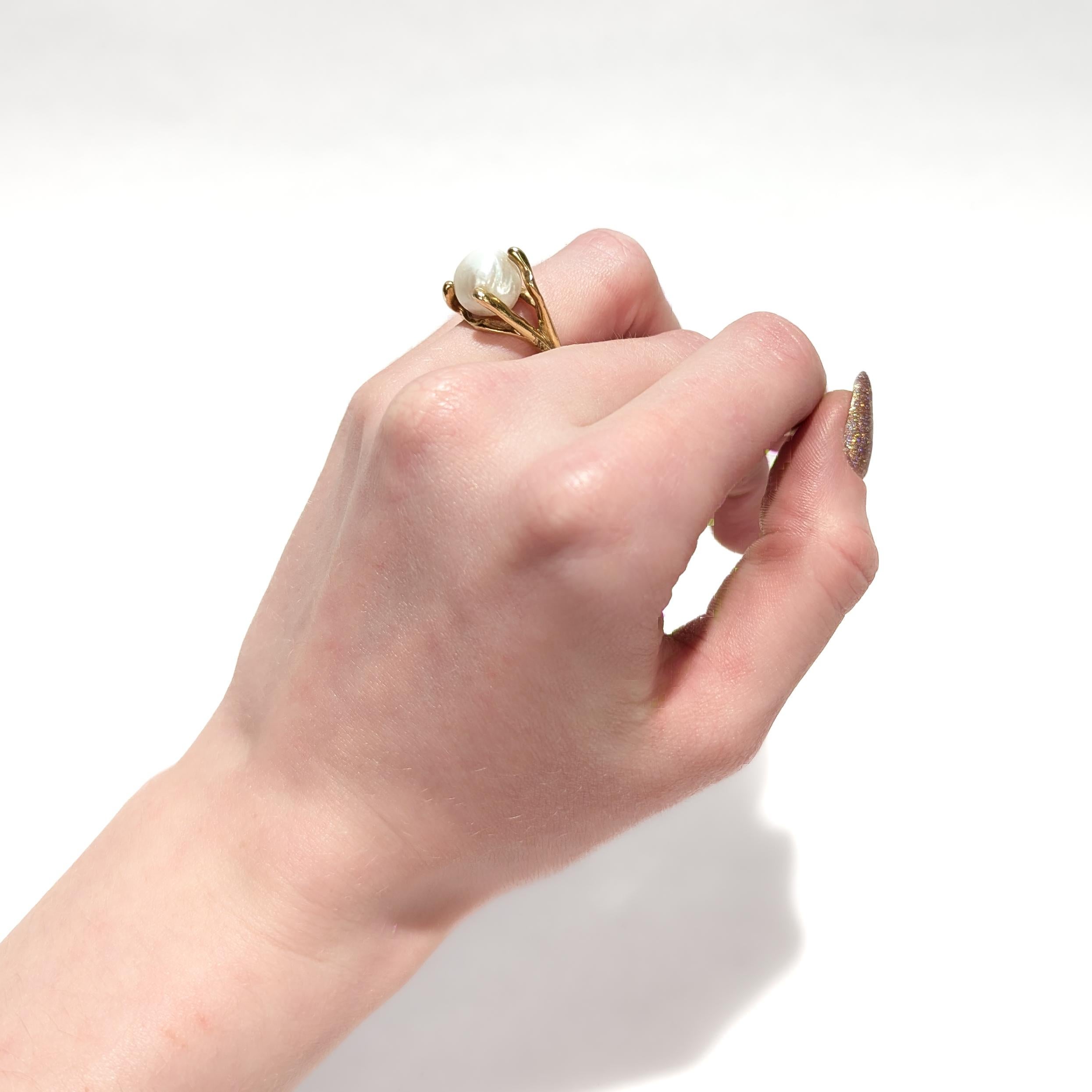 Modernist Gold and Baroque Pearl Cocktail Ring For Sale 5