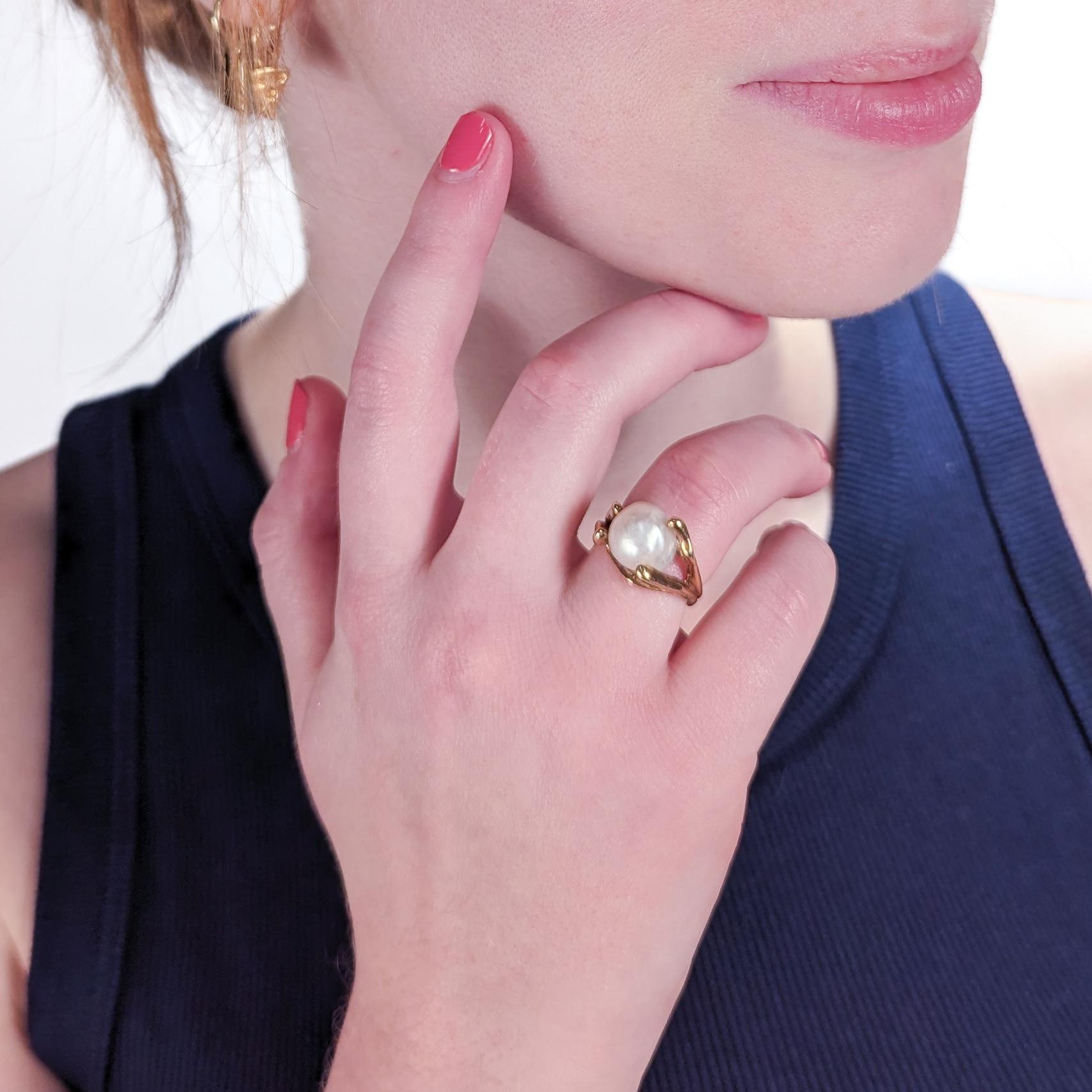 Modernist Gold and Baroque Pearl Cocktail Ring For Sale 6
