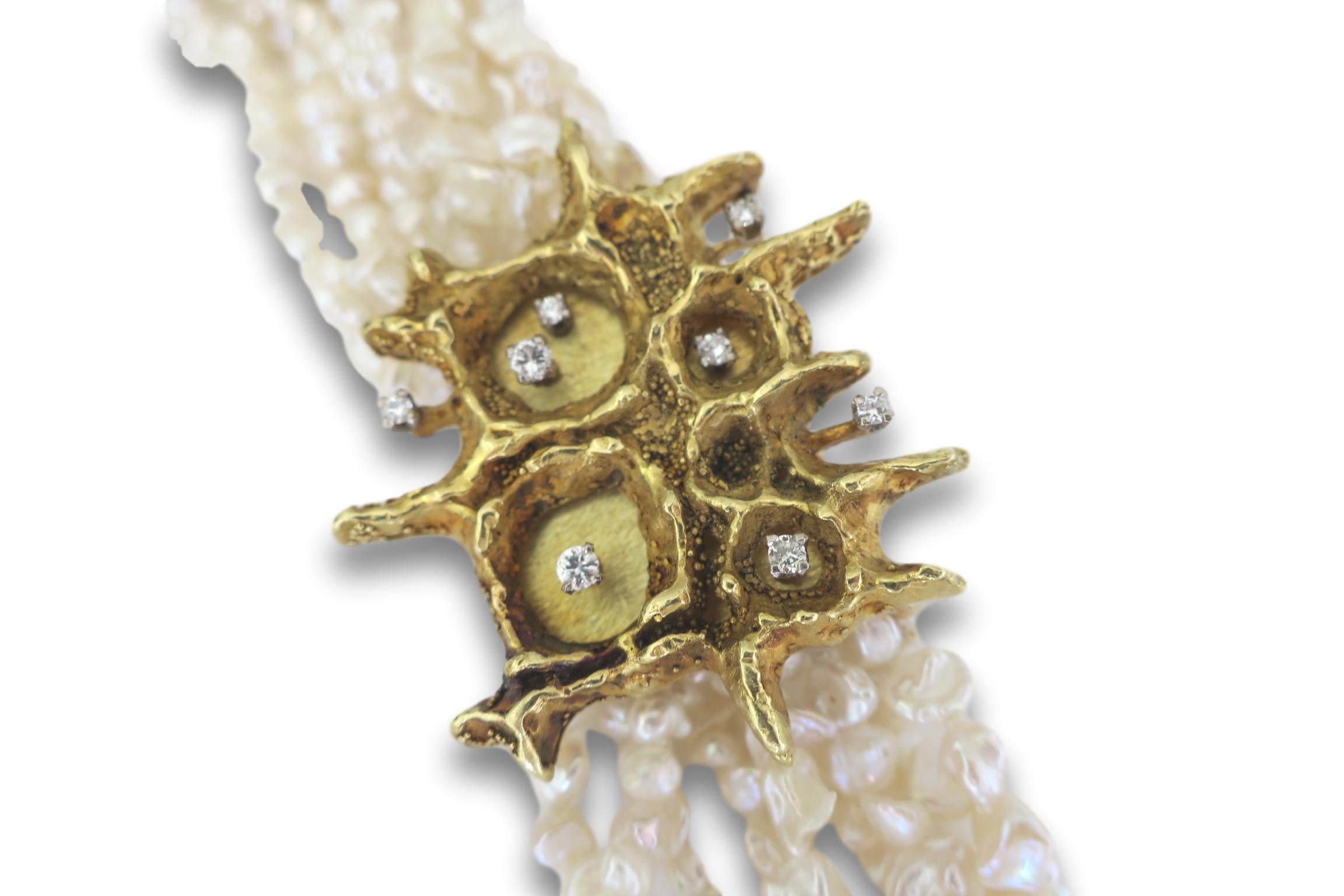 Modernistische Gold- und Keshi-Perlen- und Diamant-Brosche-Halskette, 1960er Jahre im Zustand „Hervorragend“ im Angebot in Cincinnati, OH