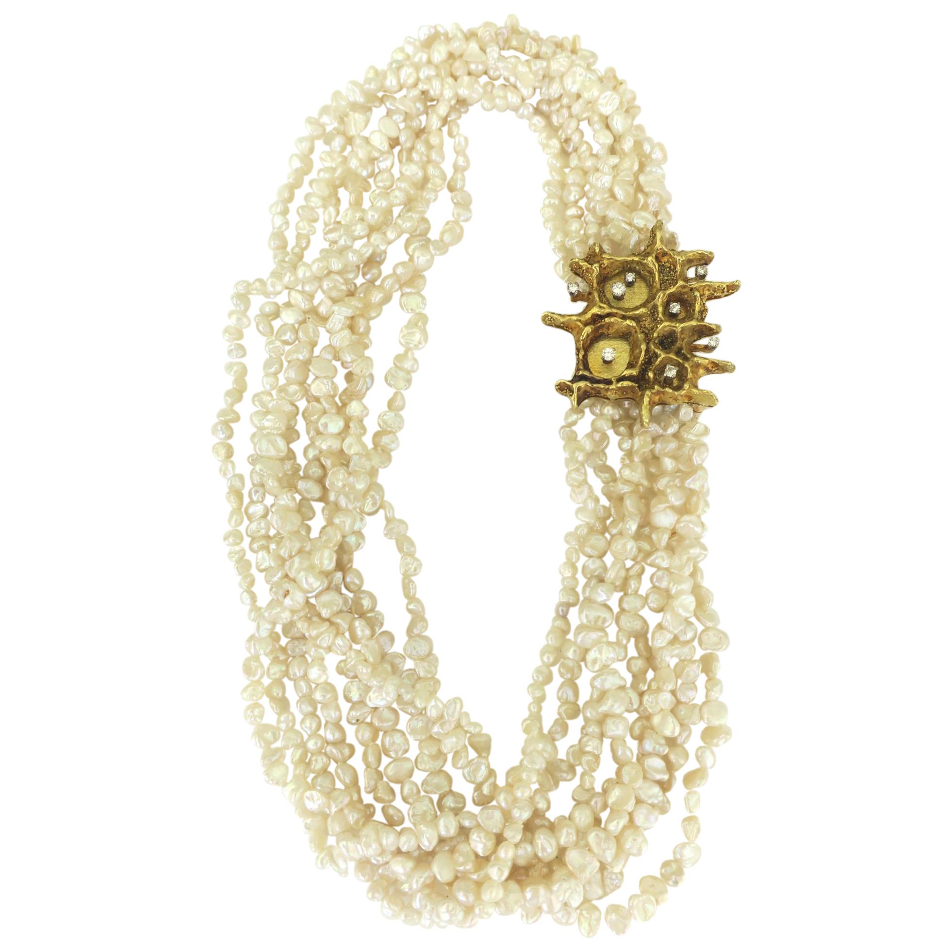 Modernistische Gold- und Keshi-Perlen- und Diamant-Brosche-Halskette, 1960er Jahre im Angebot