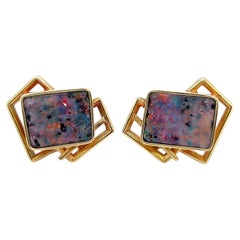 Modernist Gold and Opal Ear Clips