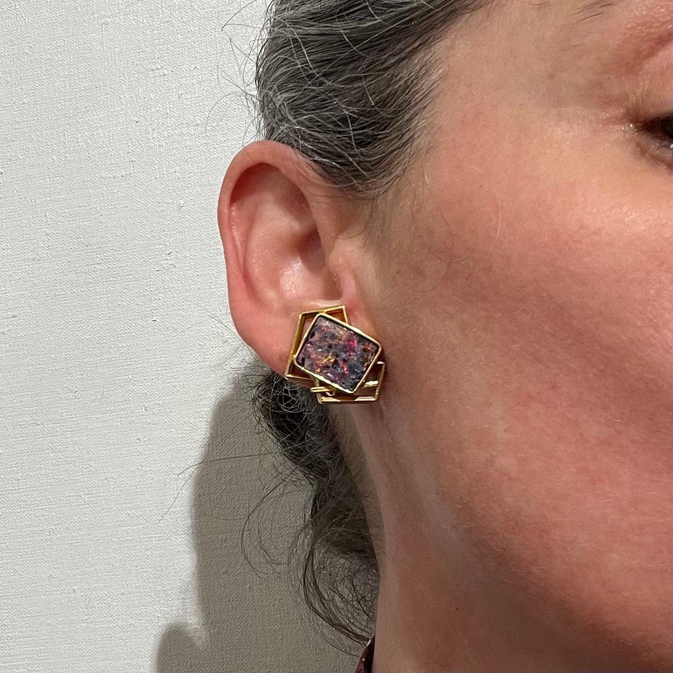 Modernist Gold and Opal Ear Clips For Sale 2